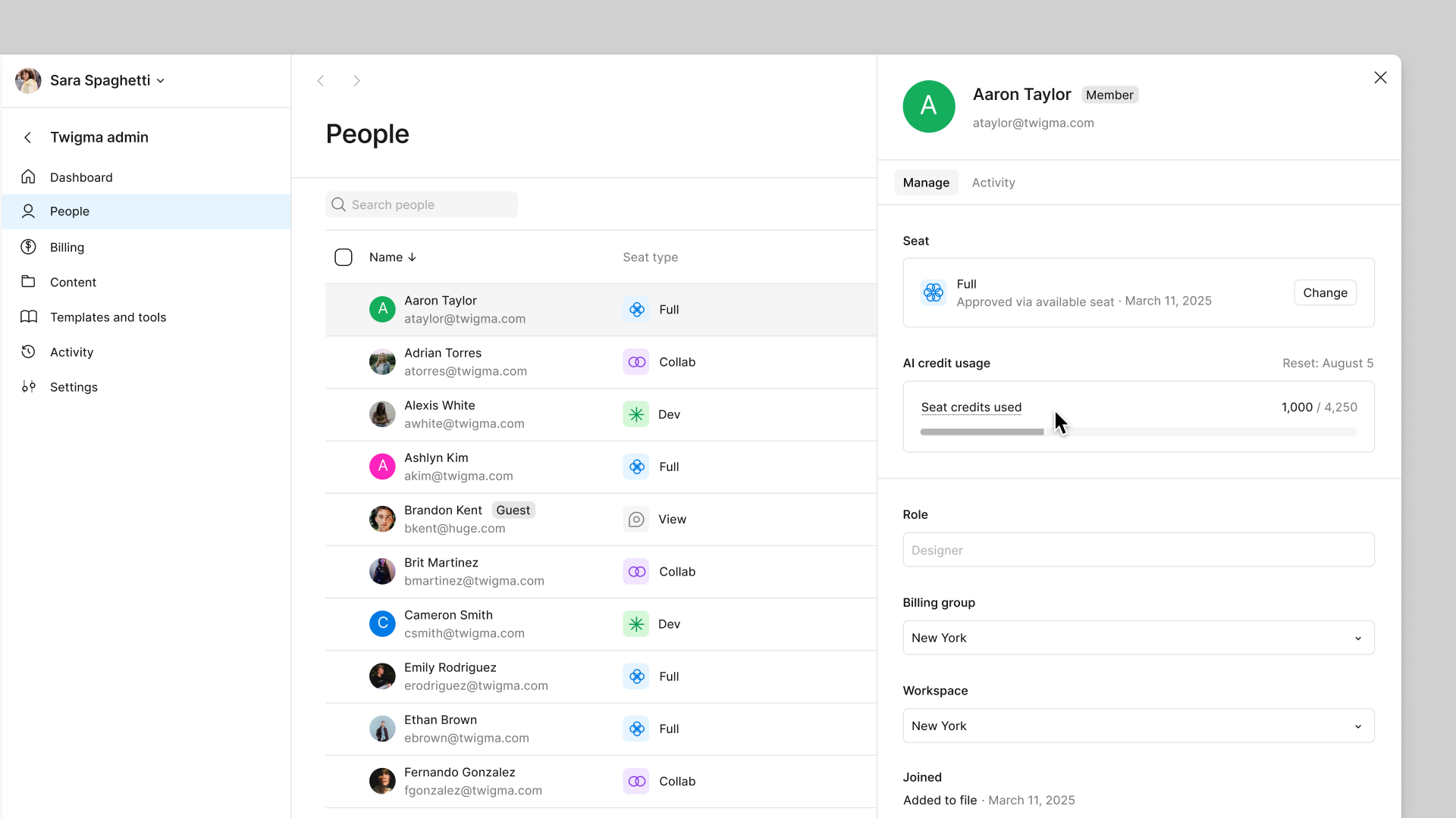 View individual credit usage from the user flyout on the People tab.