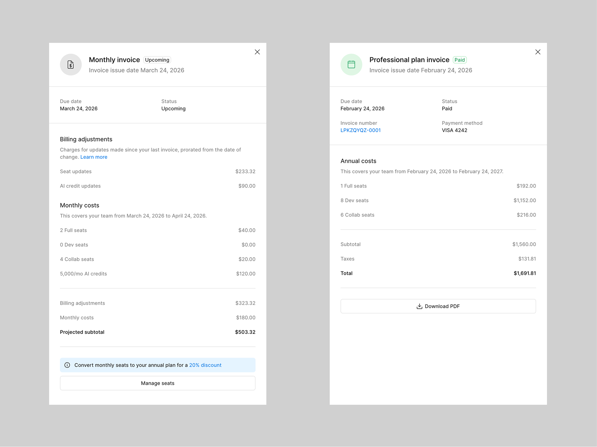 Side by side of monthly and annual invoices for the professional plan.