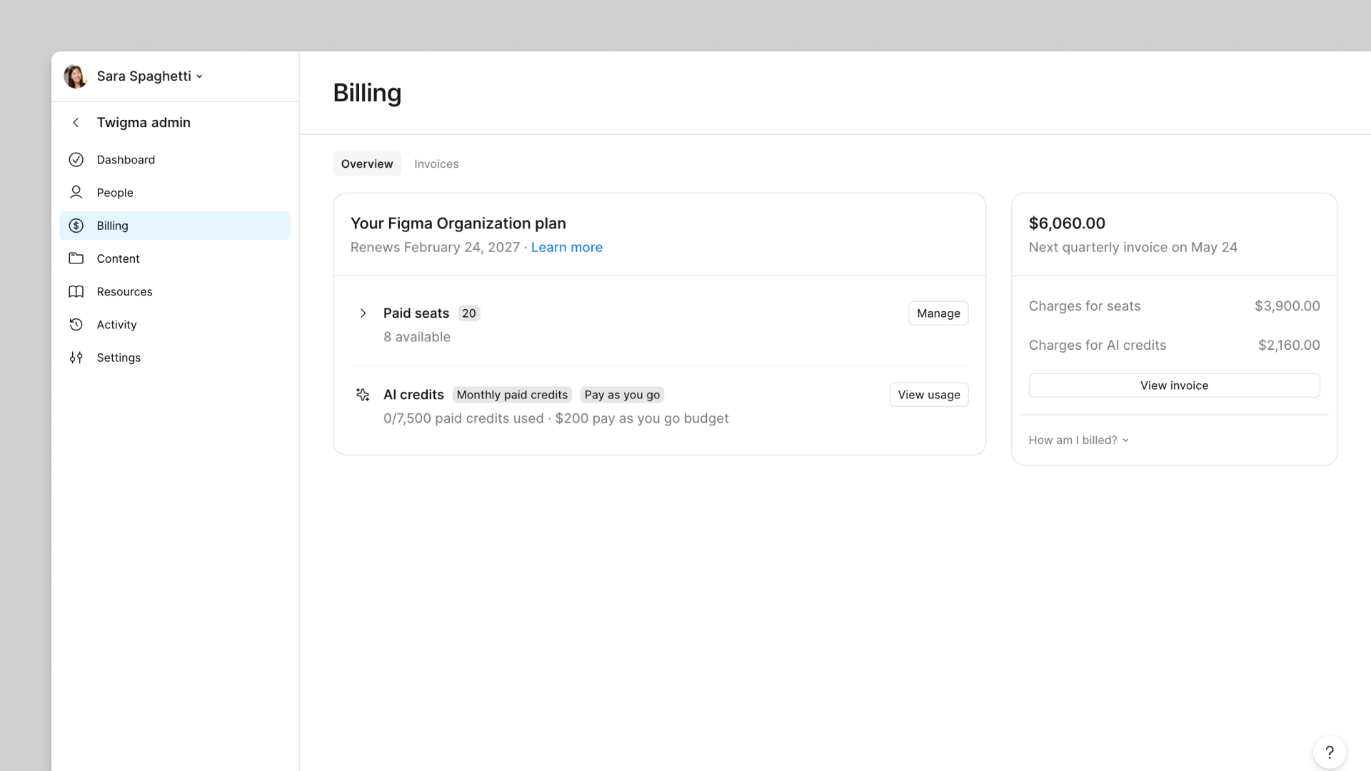 The billing overview page on the Organization plan.