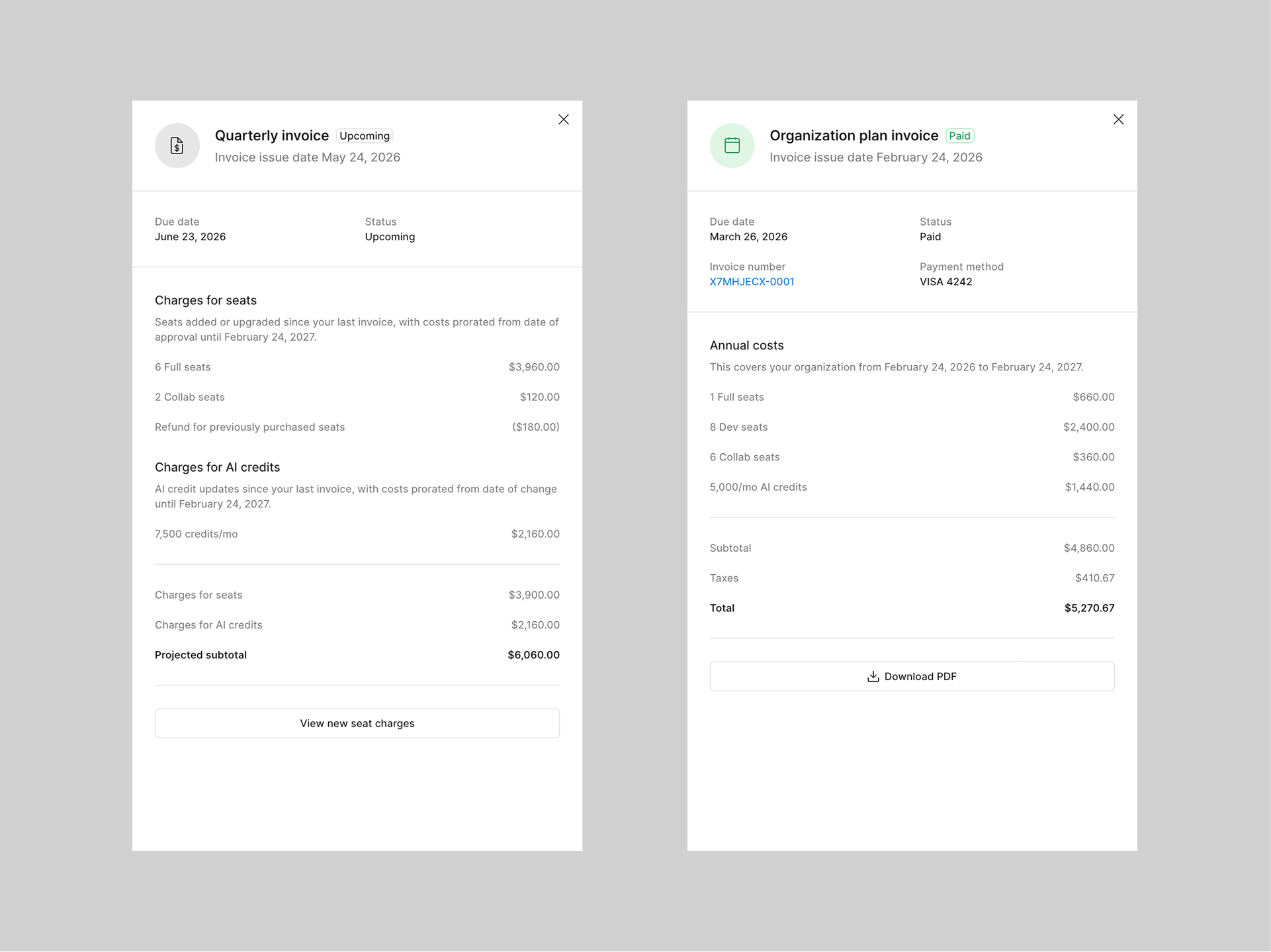 Side by side of quarterly and annual invoices for the organization plan.