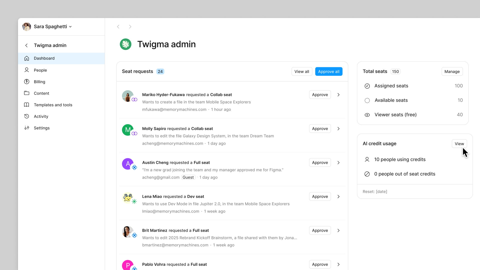 Klik op Bekijk in de AI-creditgebruikssectie van het administratie-dashboard.