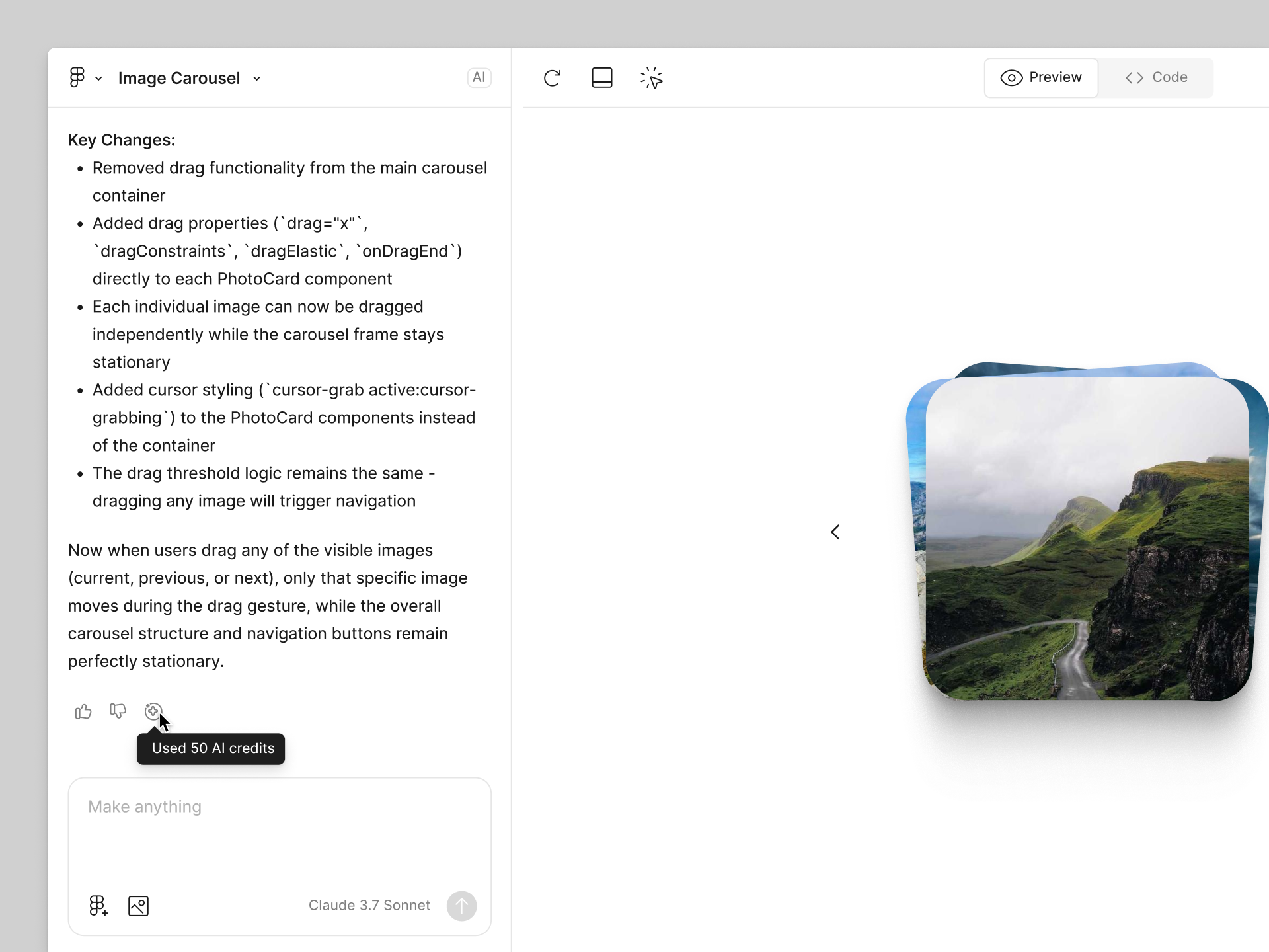 Pasa el cursor sobre el ícono Créditos de IA en Figma Make para ver cuántos créditos consumió una indicación anterior.