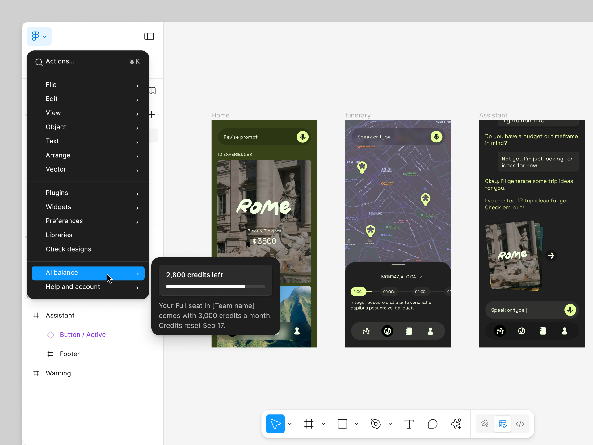 The AI balance menu from the file main menu shows your current credit balance