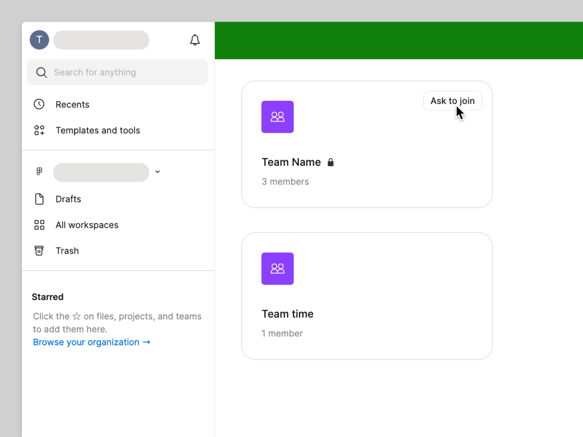 Clique em Solicitar entrada para pedir acesso a uma equipe visível somente por convite.