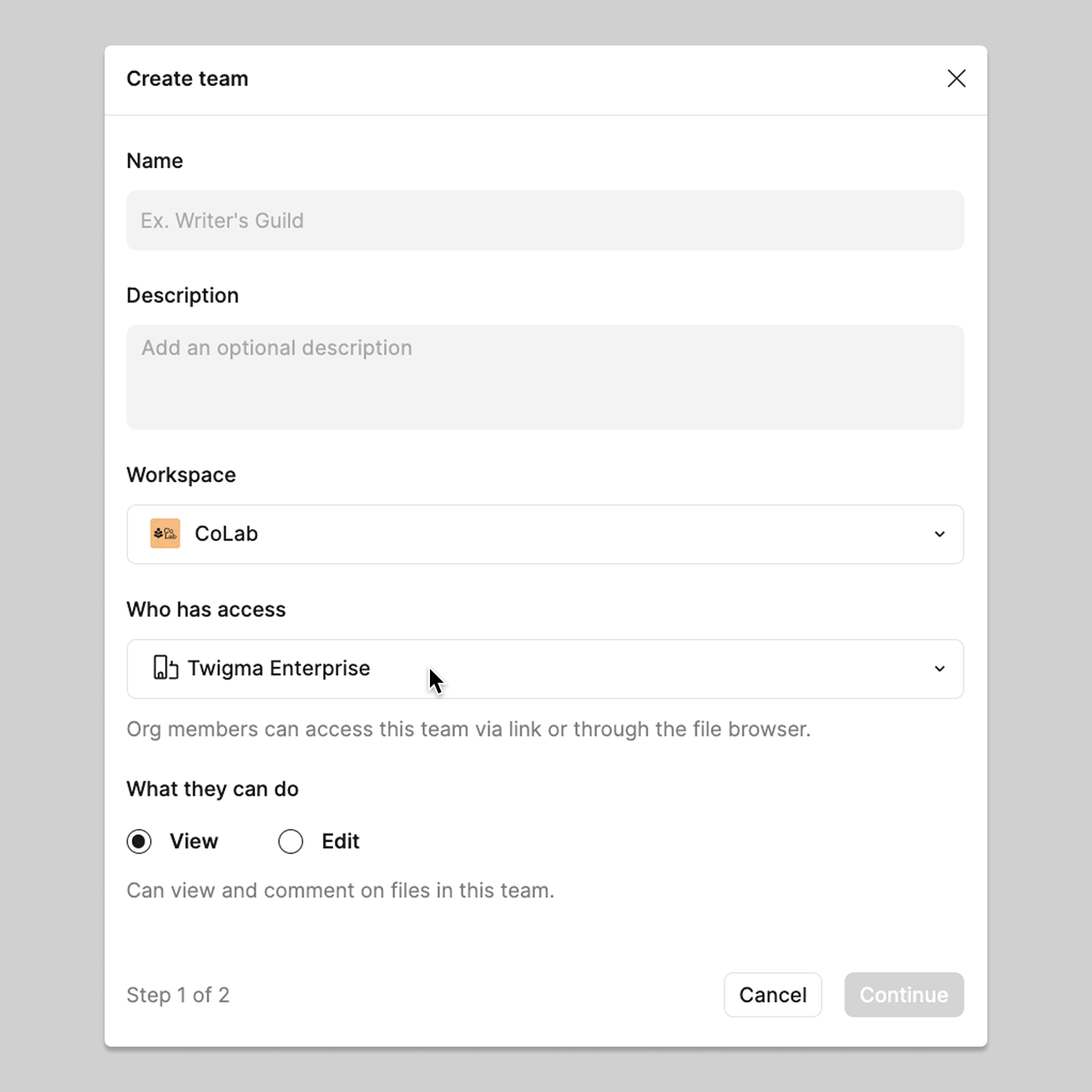 Al crear un equipo, puedes configurar el nivel de acceso de la organización para ese equipo.