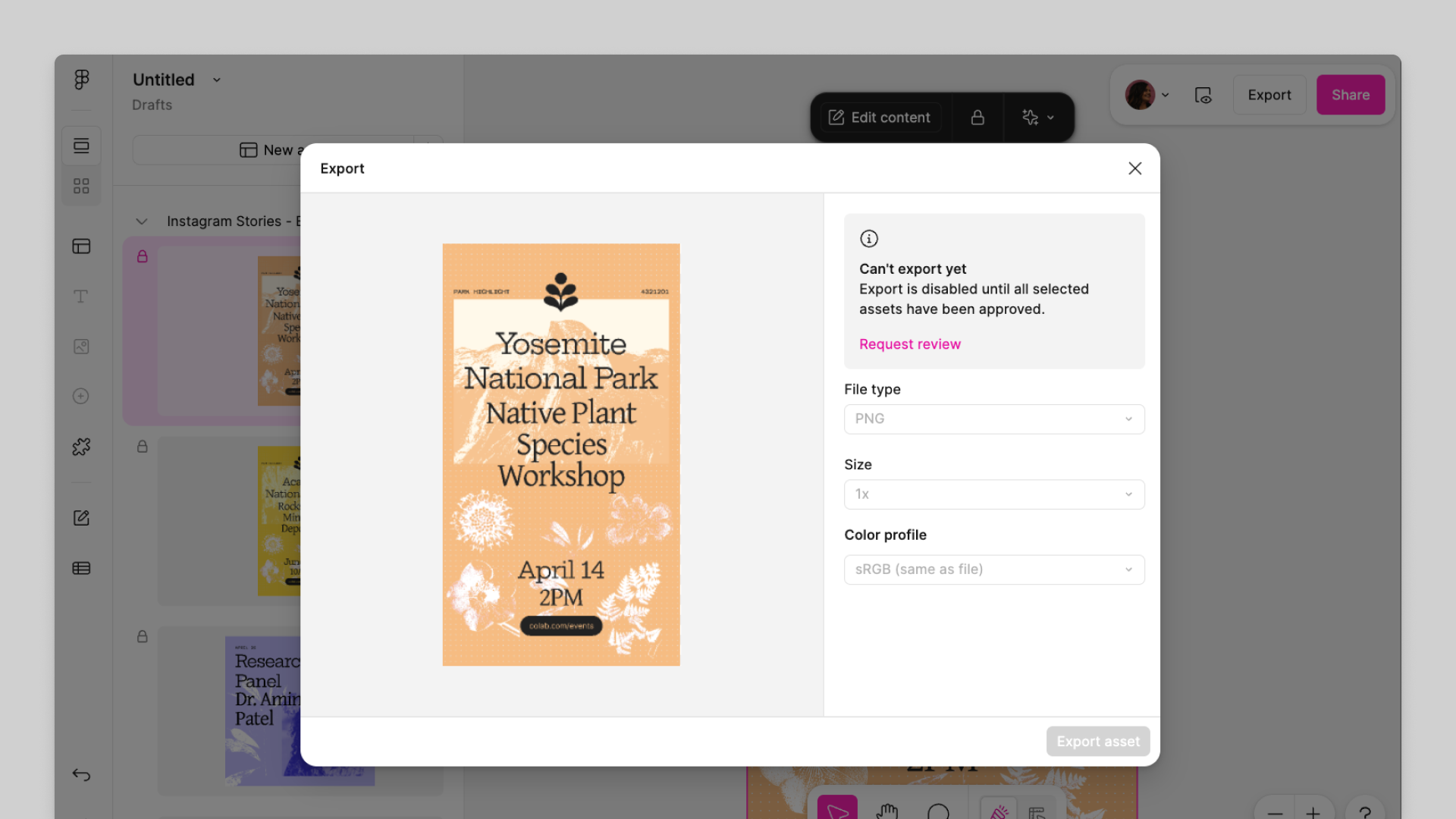 If approvals are required, you cannot export assets that have not yet been approved