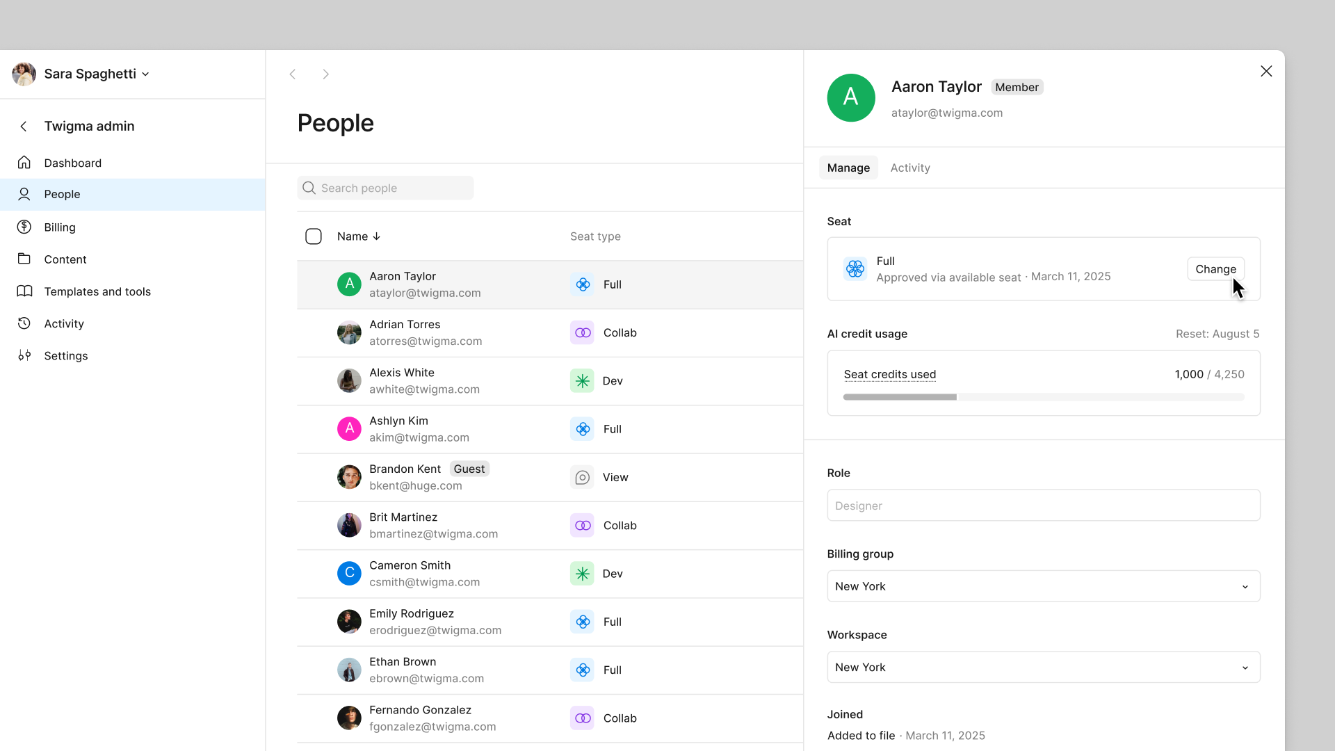 Abre el panel lateral de usuario desde la pestaña de Personas para ajustar el tipo de puesto.