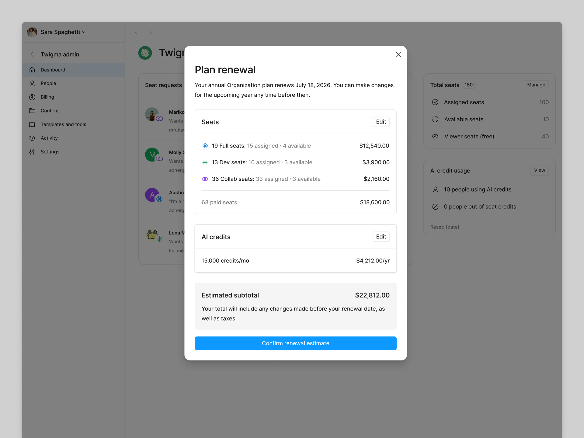 A plan renewal modal where you can adjust the number of seats or ai credits in your subscription