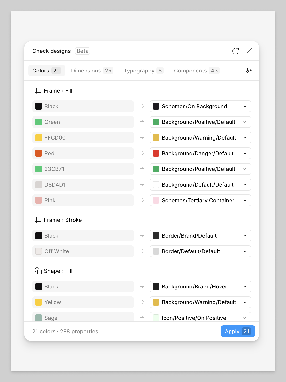 Check deisgns modal showing hard coded values in the left column and suggested values on the right column