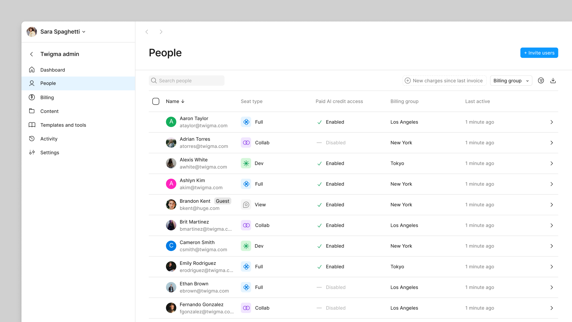 The People tab of your admin dashboard shows all users in a table, with other user details like seat type, billing group, and last active timestamp