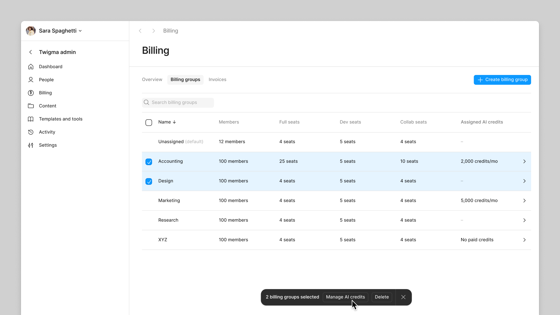Manage billing group AI credits in bulk from the billing groups tab of the billing page