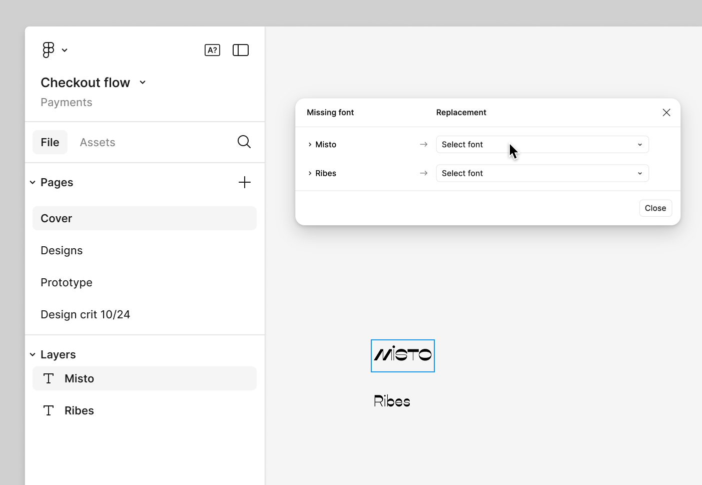 Missing fonts modal in Figma design