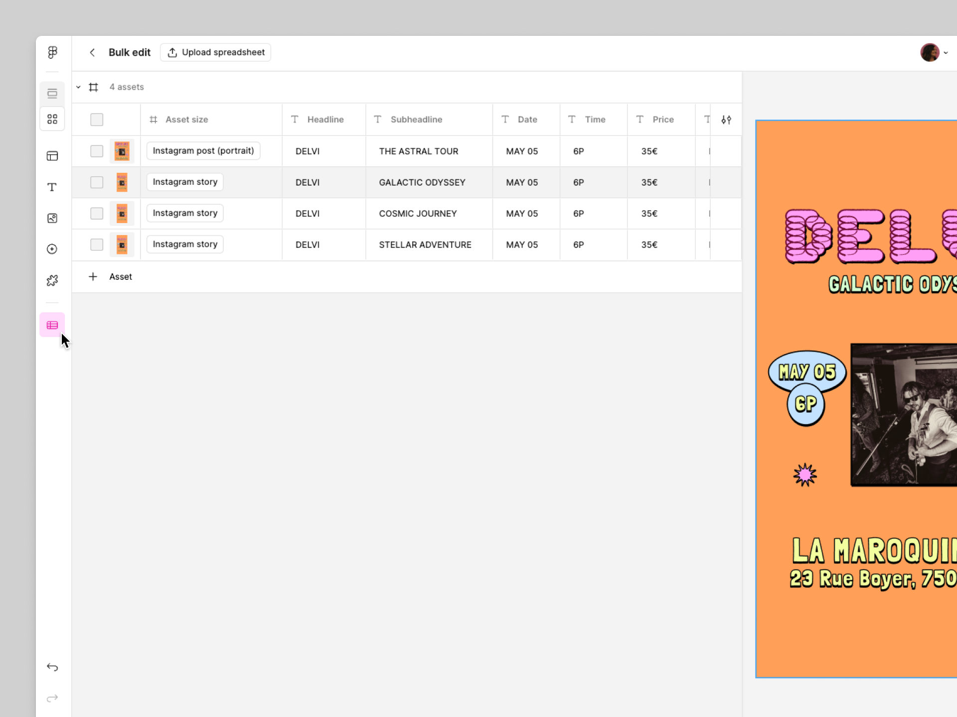 Select bulk edit to edit content of assets in a table view.