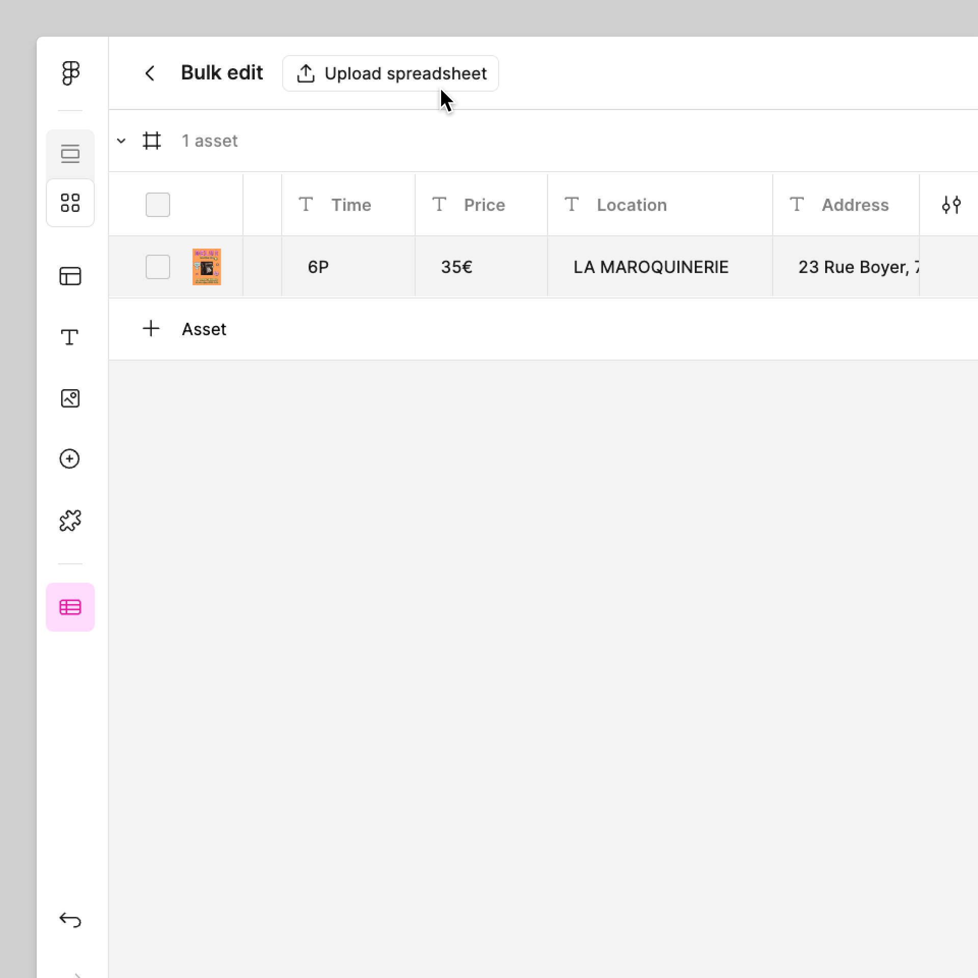 Click Bulk edit from left navigation bar, then Upload spreadsheet.