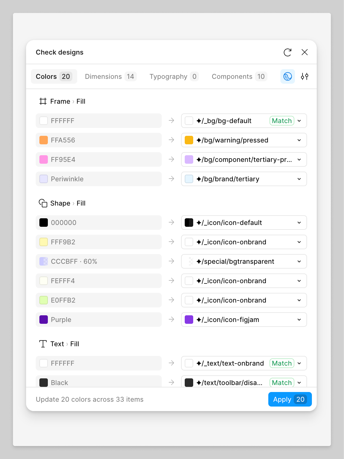 Check designs modal showing suggestions in the Colors tab