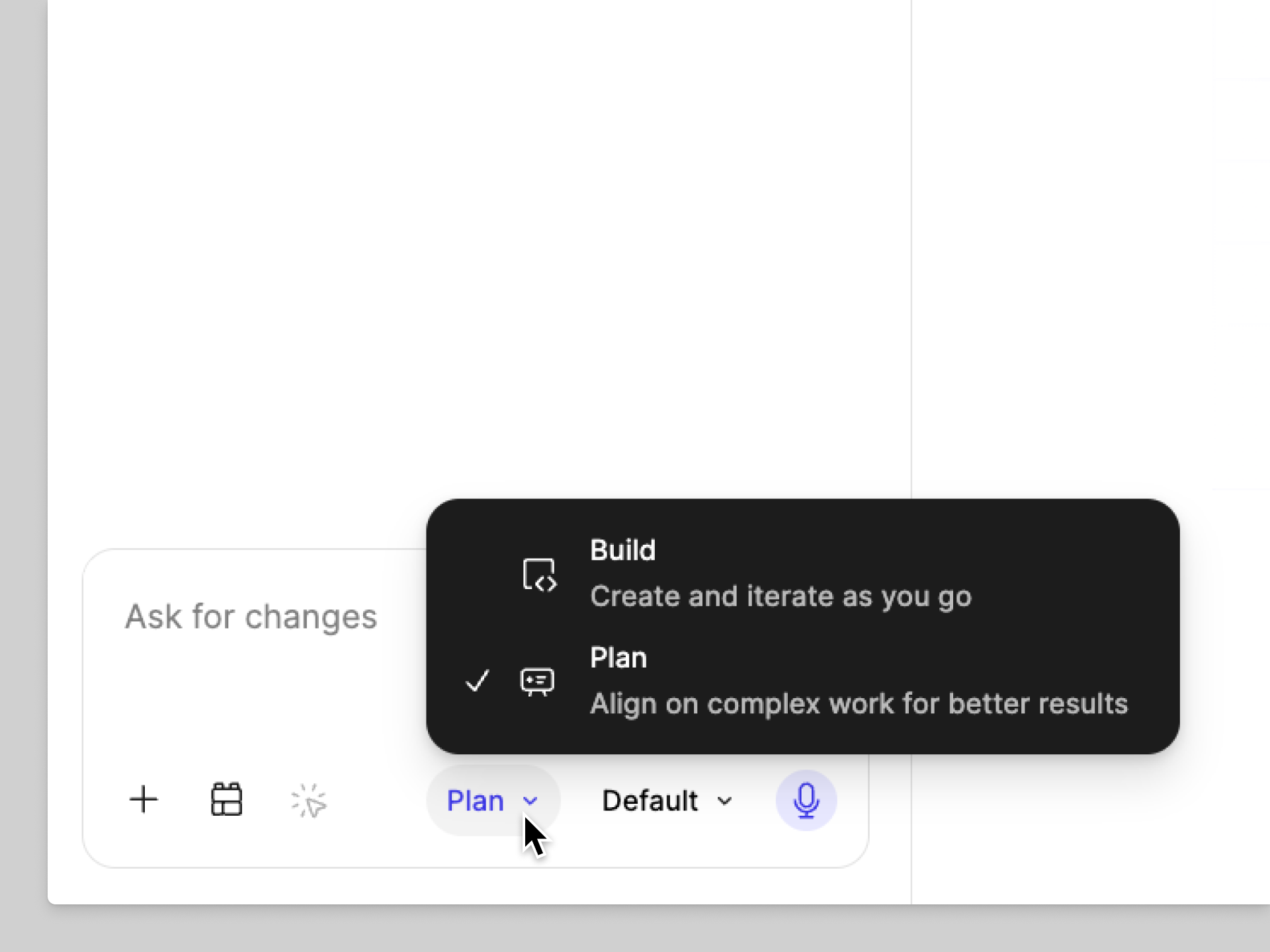 Select plan mode or build mode from the dropdown in the chat window.