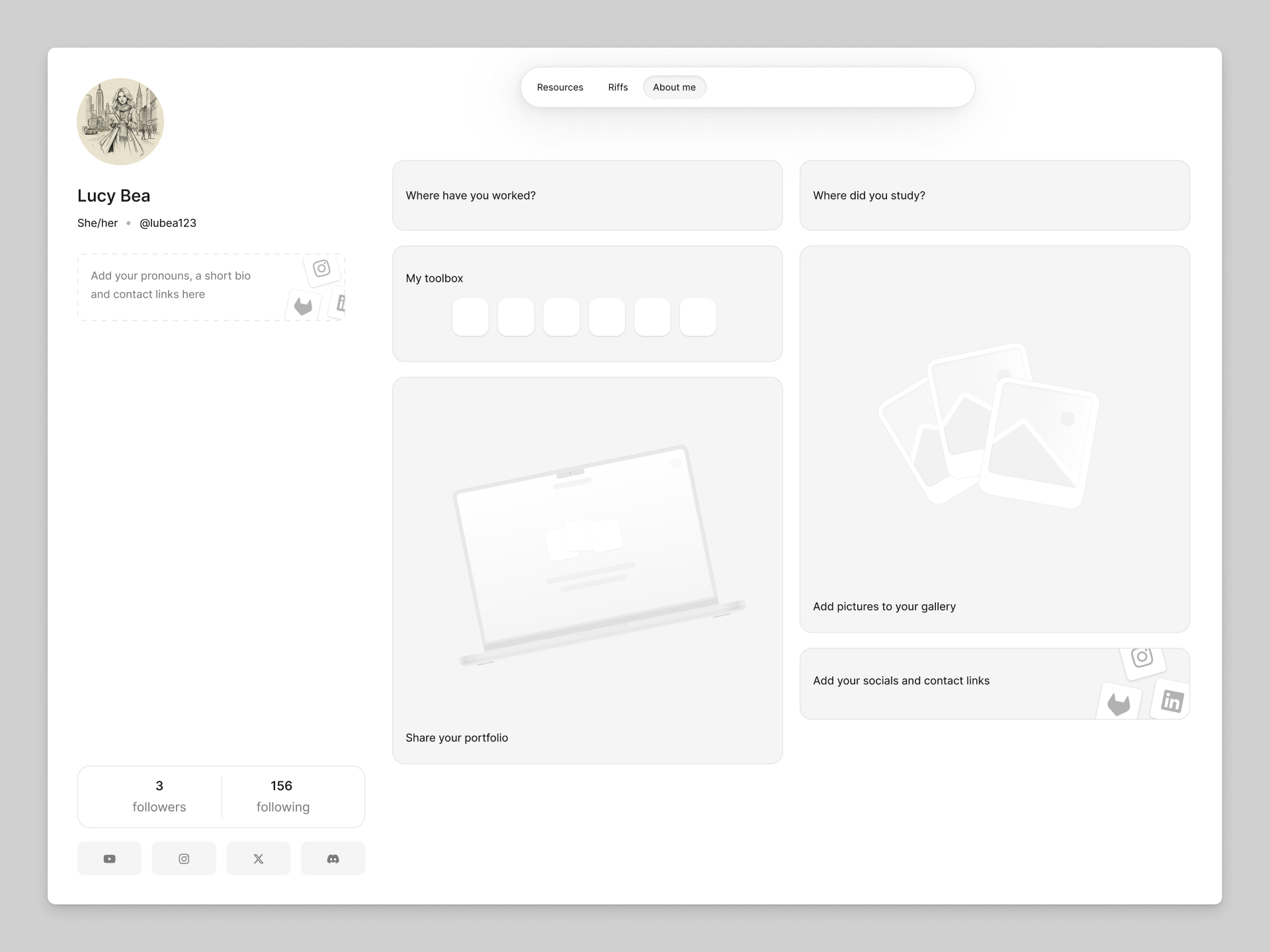 A newly community profile has blank sections for content to be added, such as "Share your portfolio" and "add your socials."