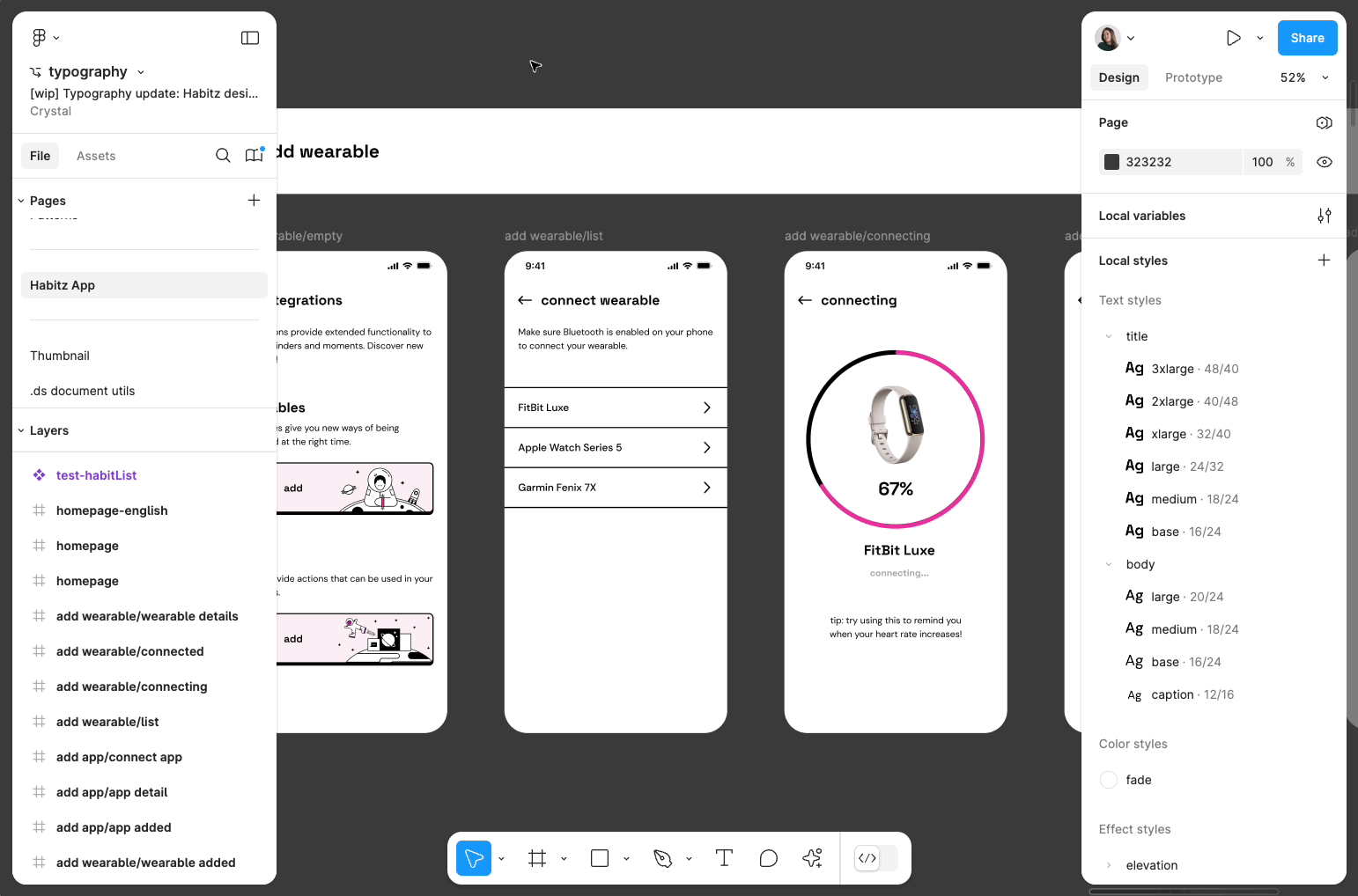 A design file containing various mobile app frames. A cursor clicks the minimize/expand ui button in the left panel. Both left and right panels minimize to show only the upper most sections of each panel. The cursor selects a frame on the canvas, and the right panel expands.