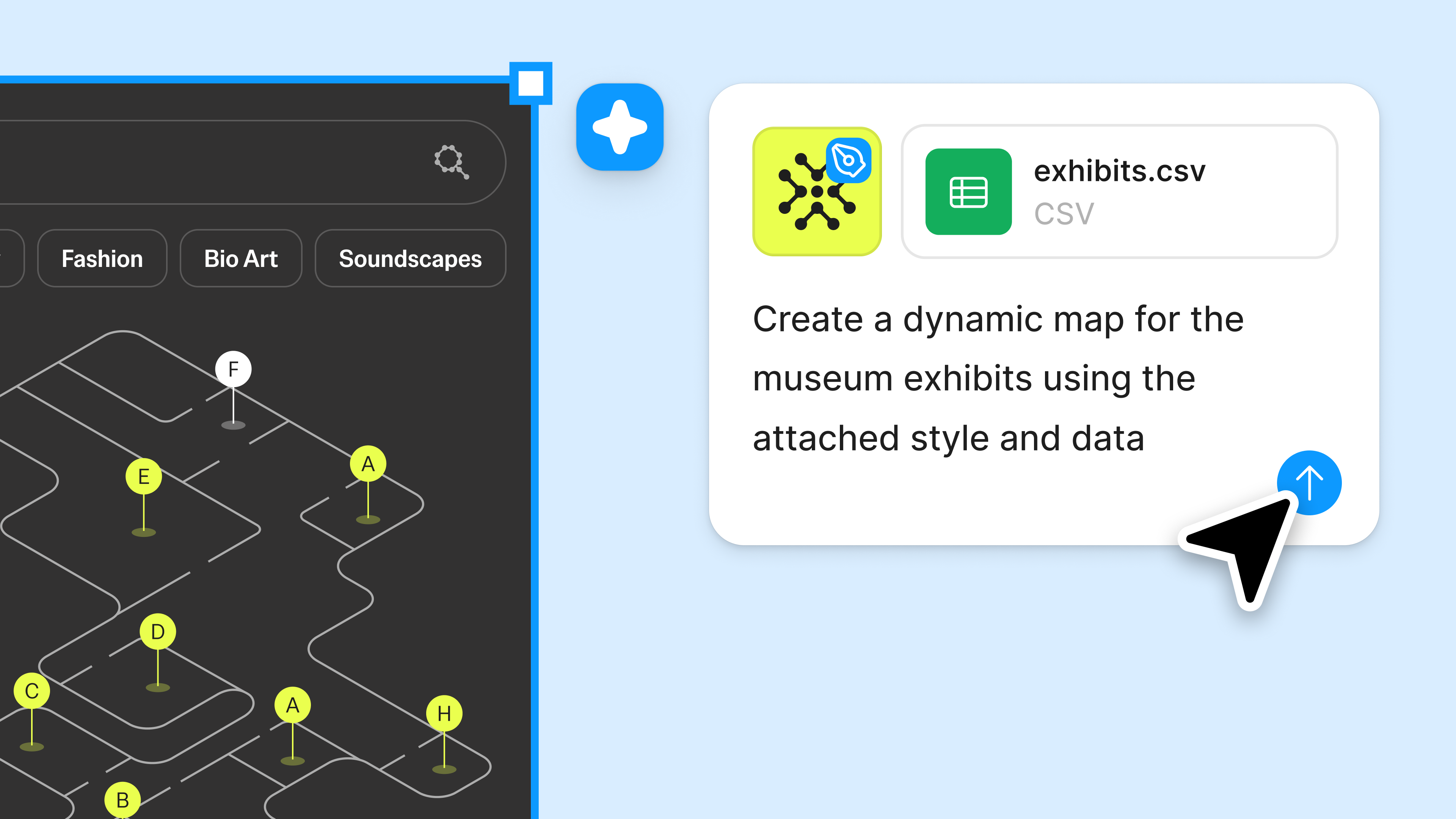 Figma's agent modal showing a prompt to create a dynamic map of a museum exhibit
