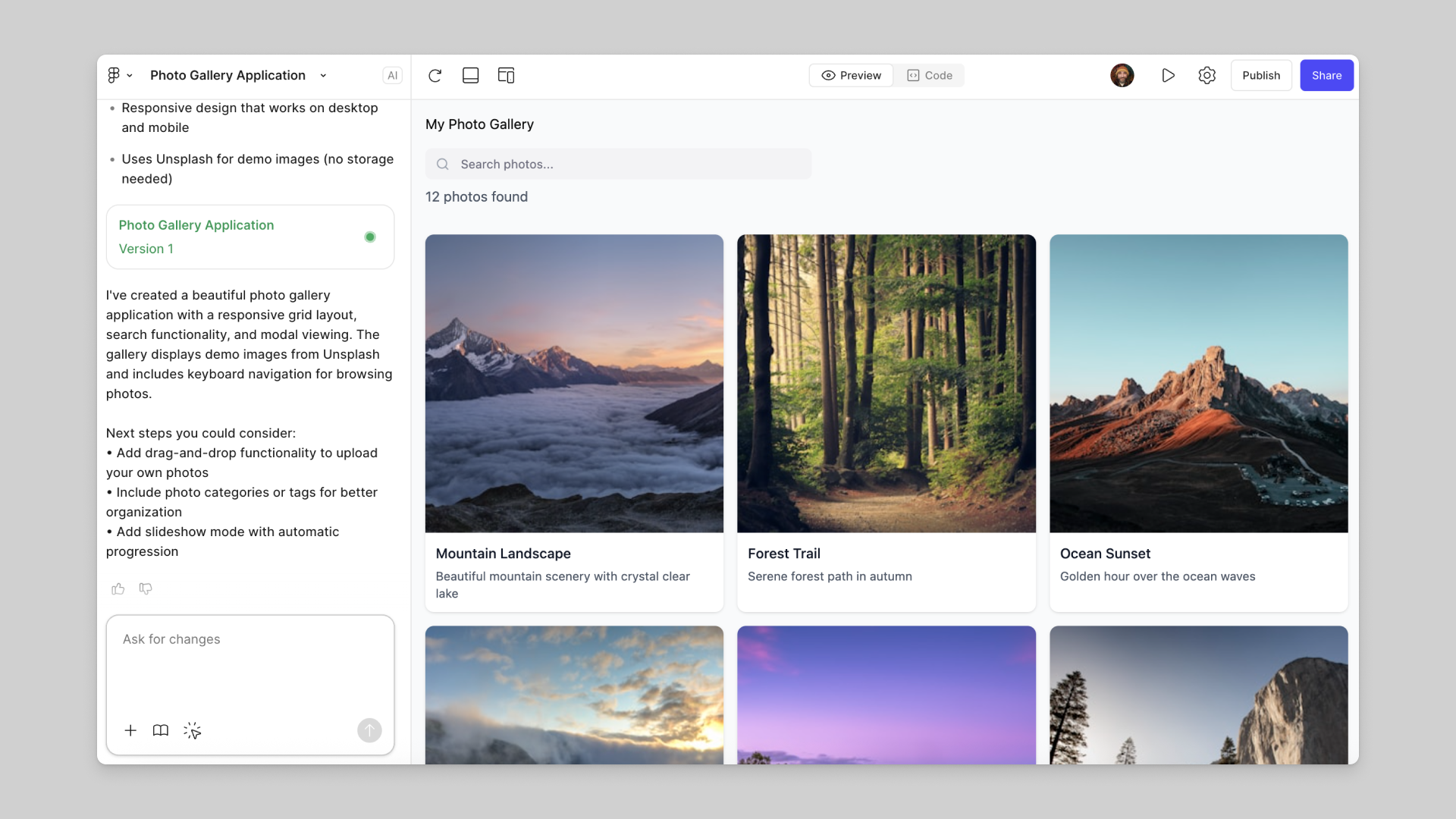 The Figma Make interface. A chatbox on the left, with a preview on the right of a photo gallery app being built.