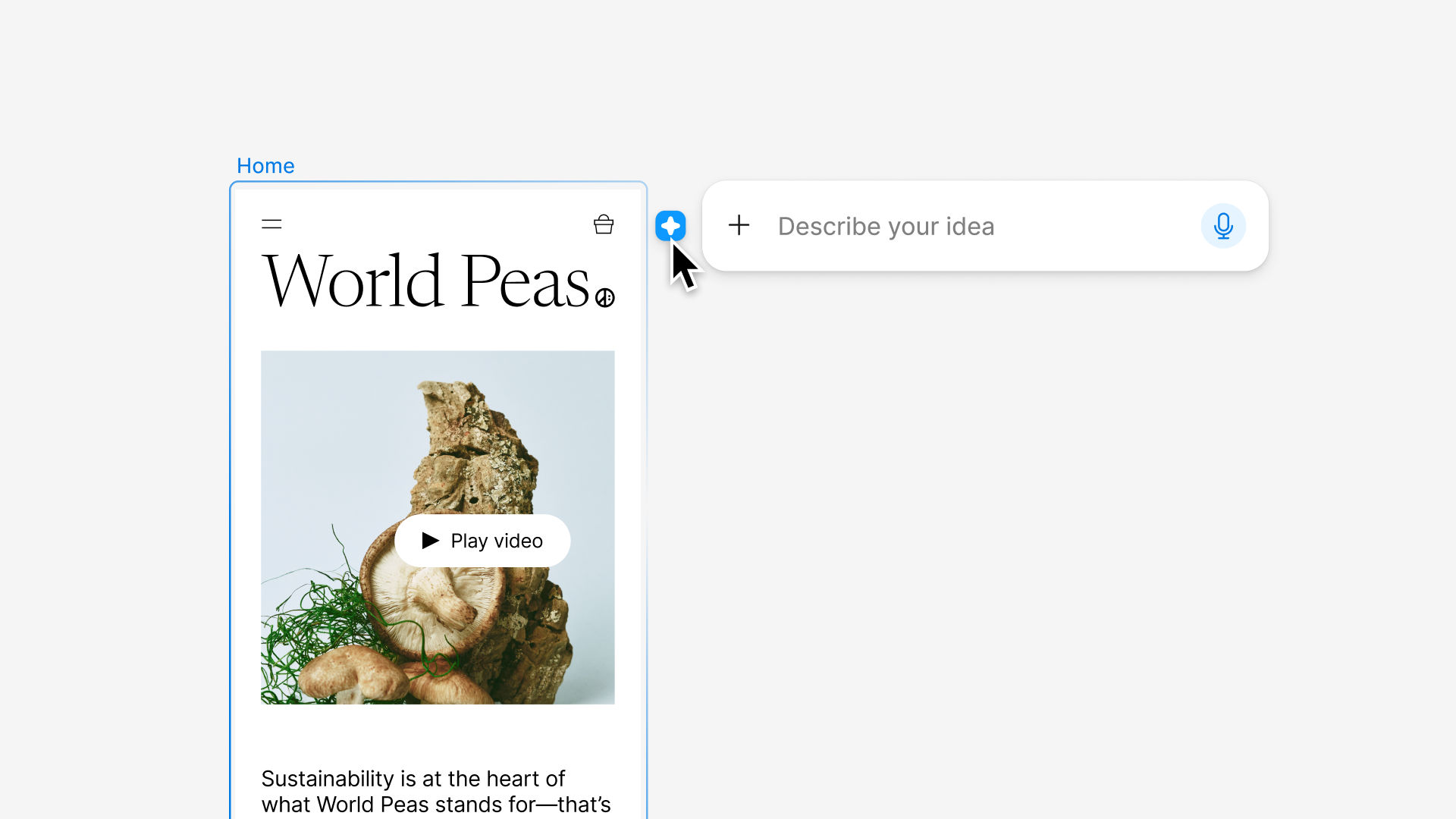 A design of grocery app on the Figma canvas. A mouse hovers over a blue icon in the corner of the frame, and a prompt box is there.