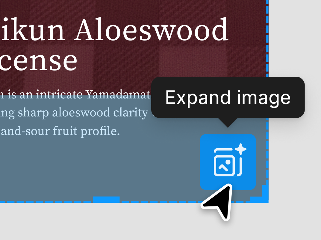 An image is selected. There is mouse hovering over an icon on the image to expand the image with an ai tool.