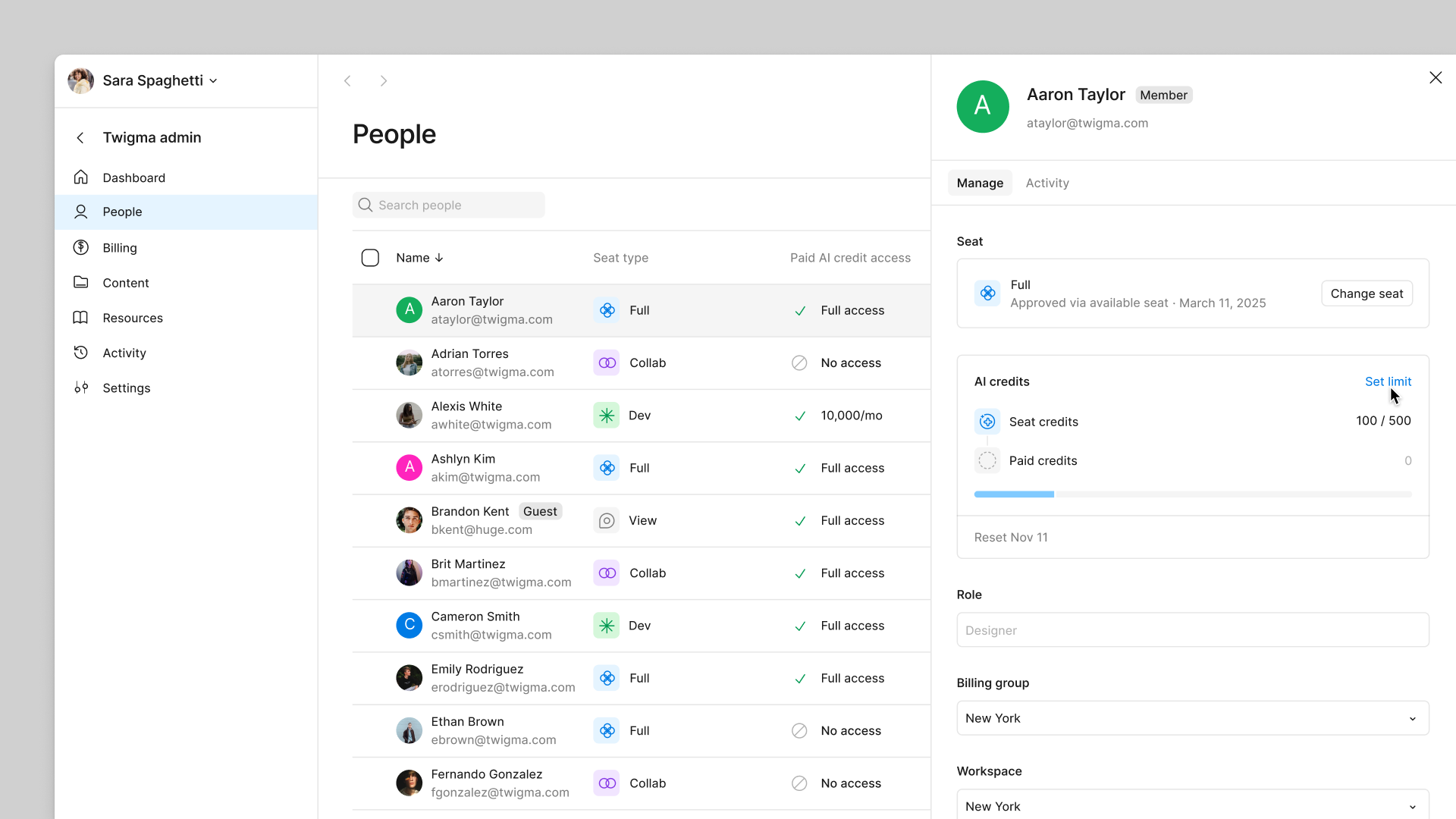 Manage paid AI credit access from the People page..png