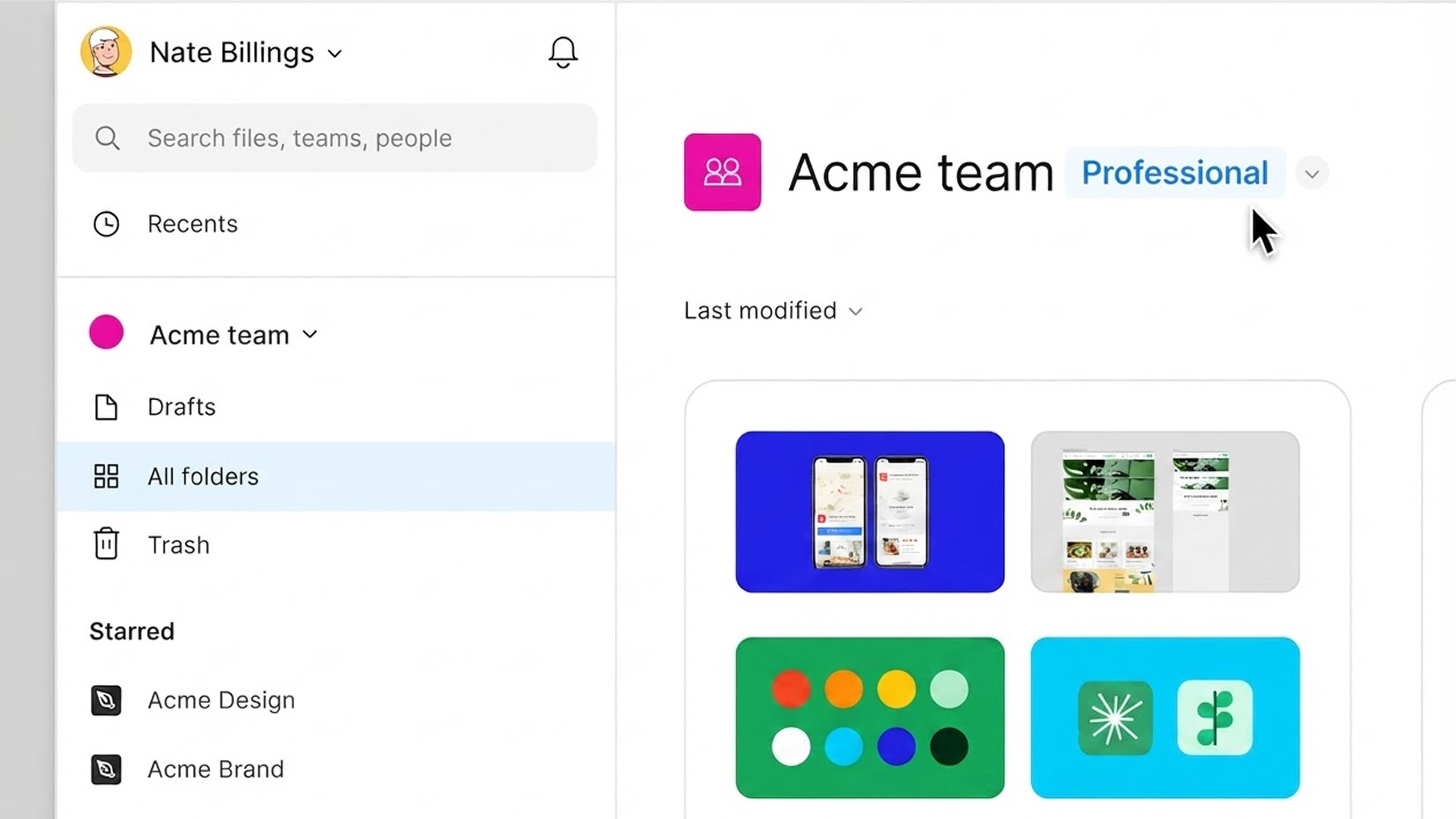 Screenshot of the Figma file browser showing the left sidebar with 'All folders' selected. The right pane displays the 'Acme team' with the 'Professional' label next to it, indicating the team’s paid status.