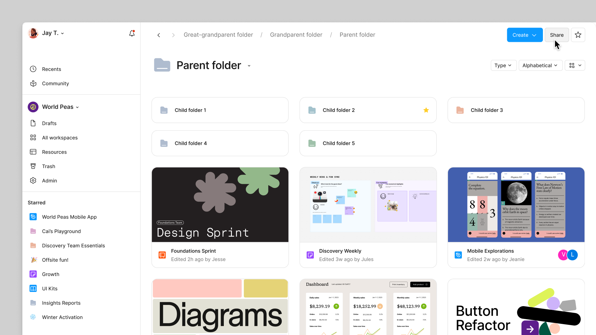 Click the Share button on the folder page to view folder permissions.