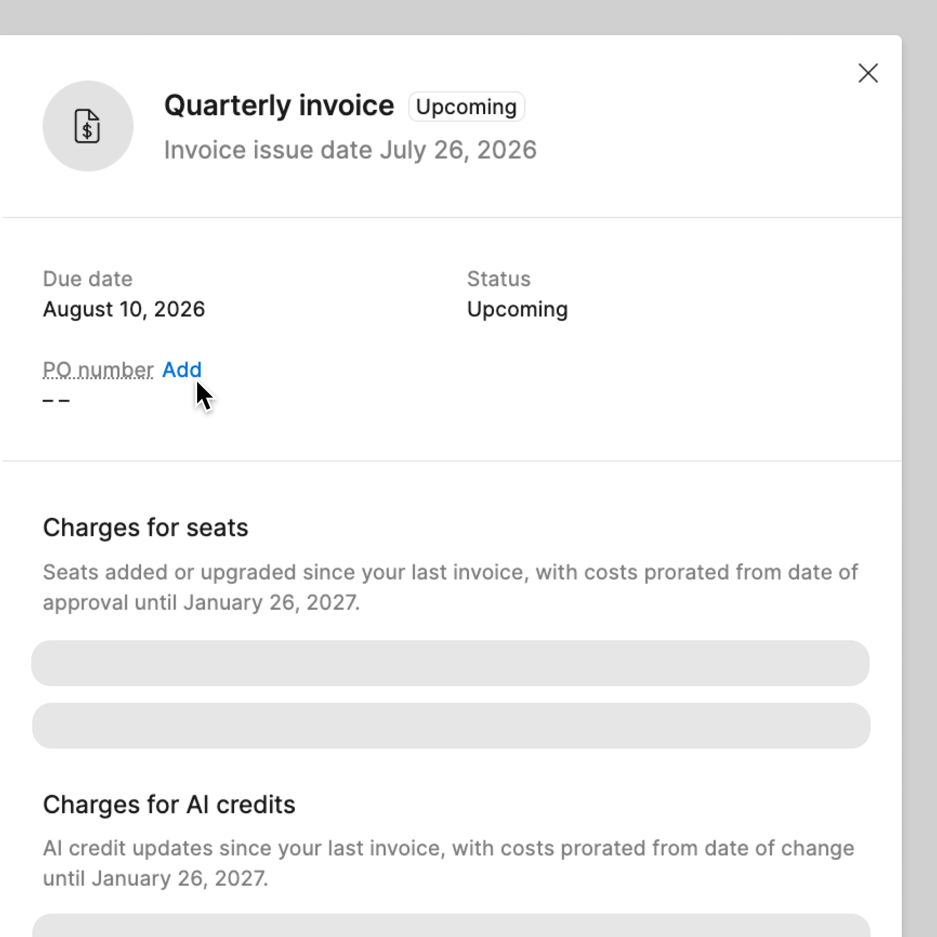 Example of quarterly invoice with PO number field