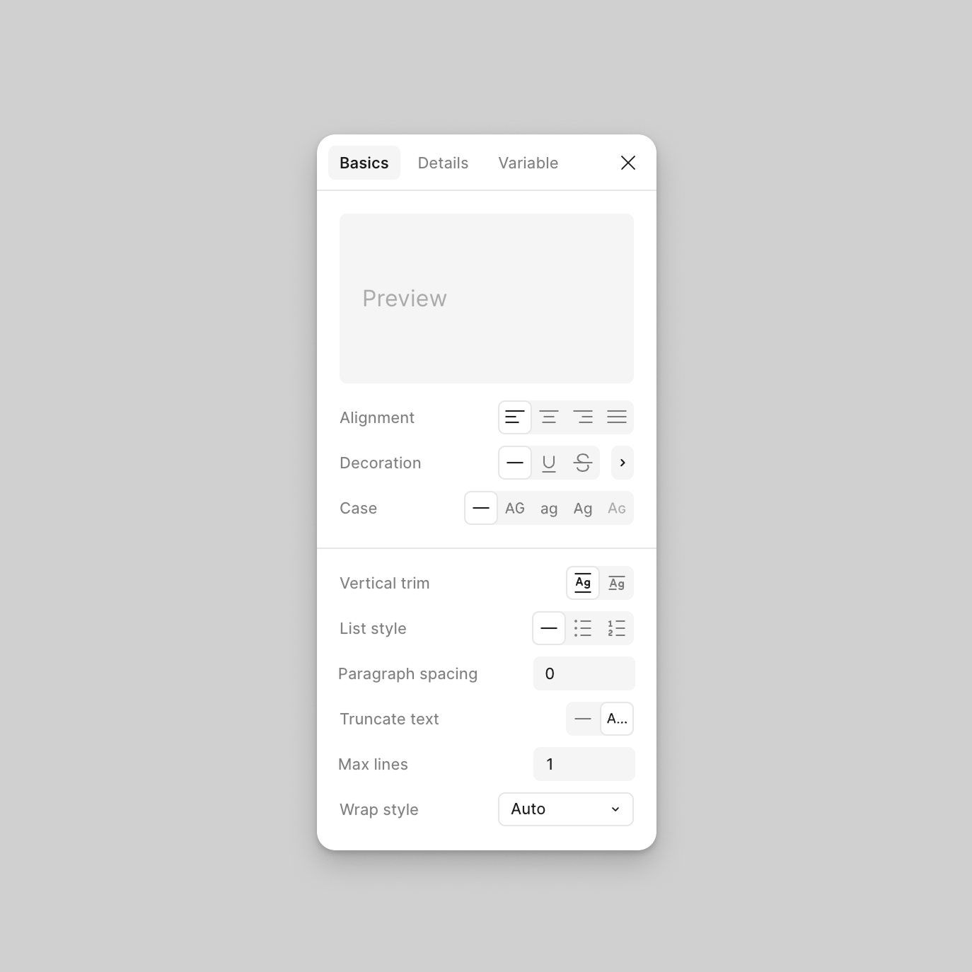 Text settings modal of the Typography section of the right sidebar.