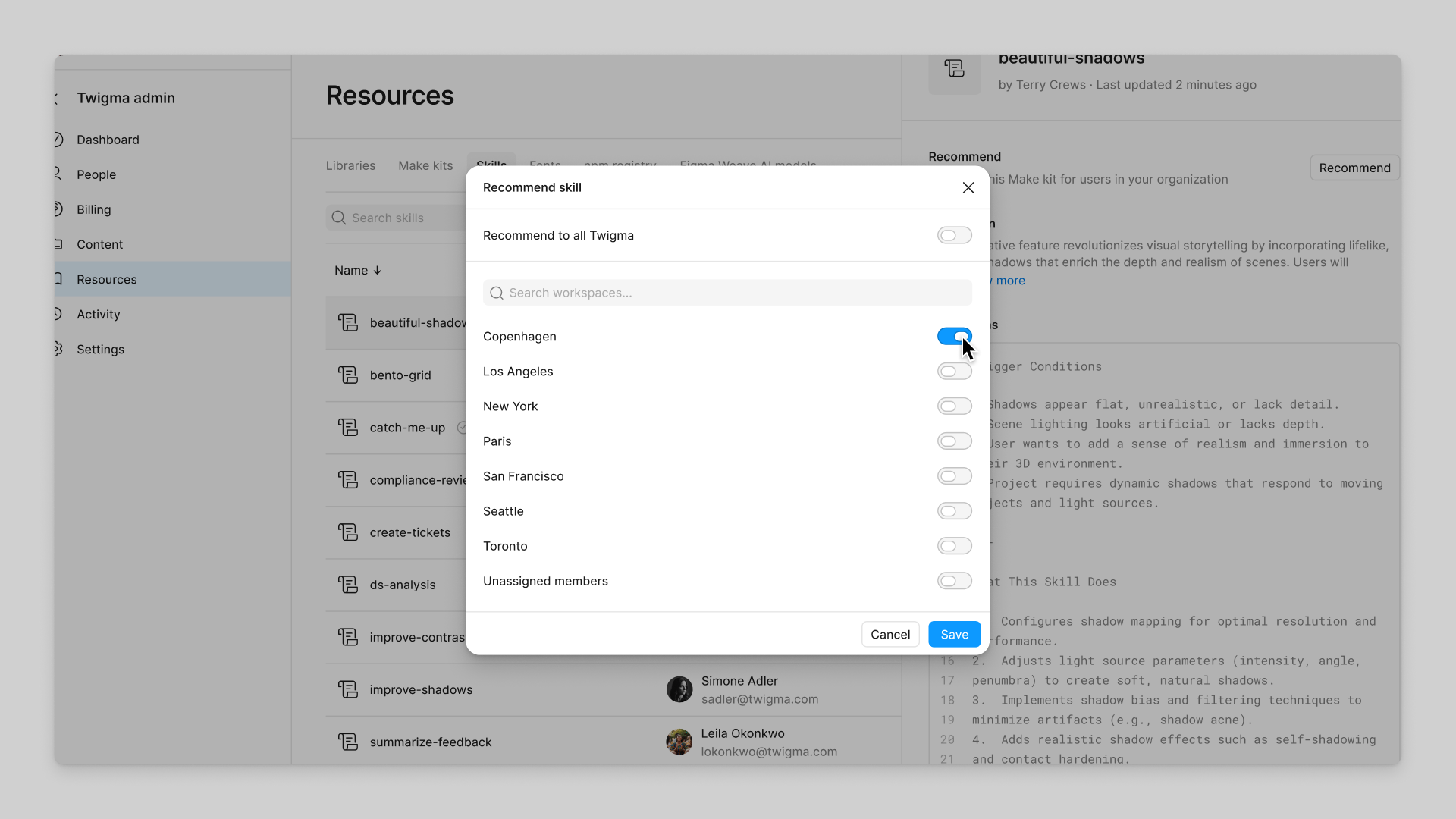 The modal to recommend a skill to a workspace. Multiple workspace options are available, the toggle for the Copenhagen workspace is toggled on, which recommends the skill to that group.
