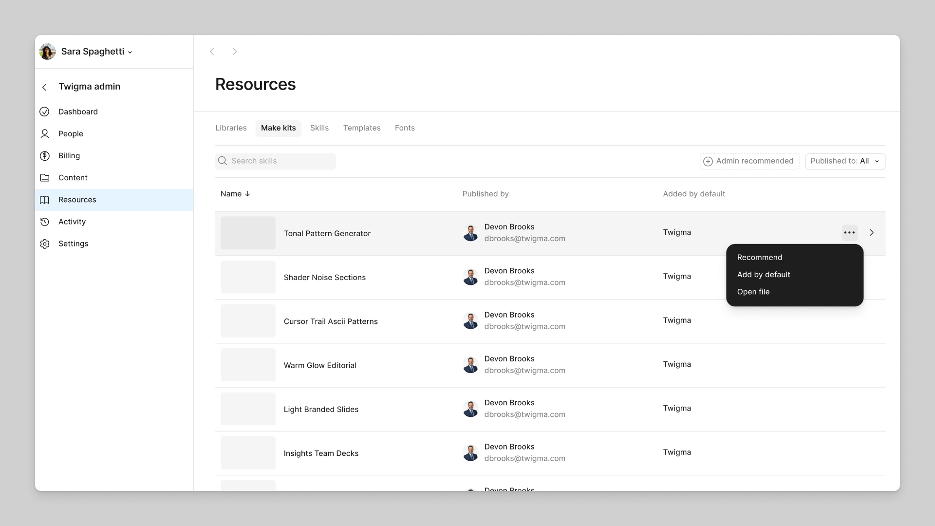 An image of the resources page in the Figma admin. The menu to recommend a Make kit resource is open.