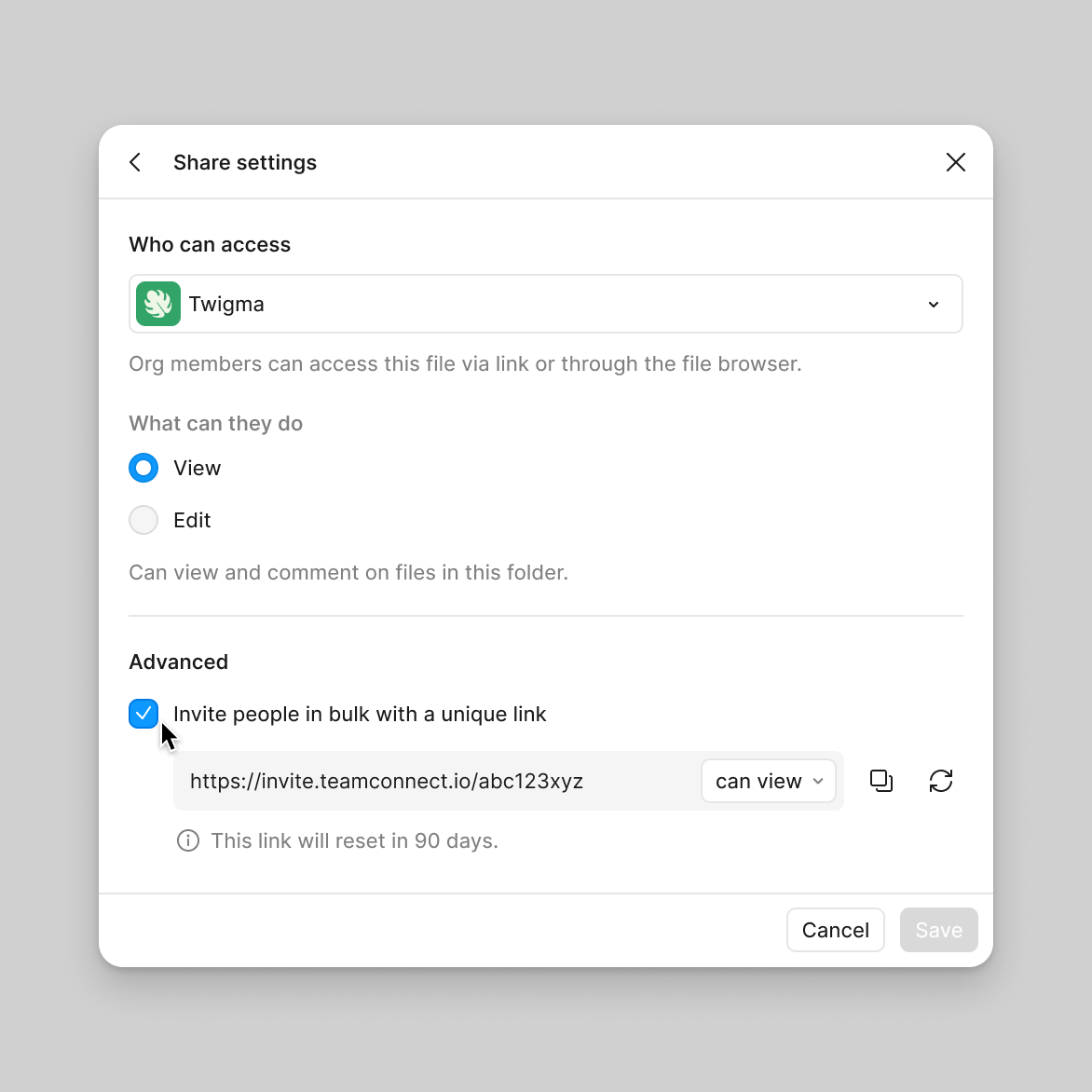 From folder share settings, turn on checkbox to create a folder invite link