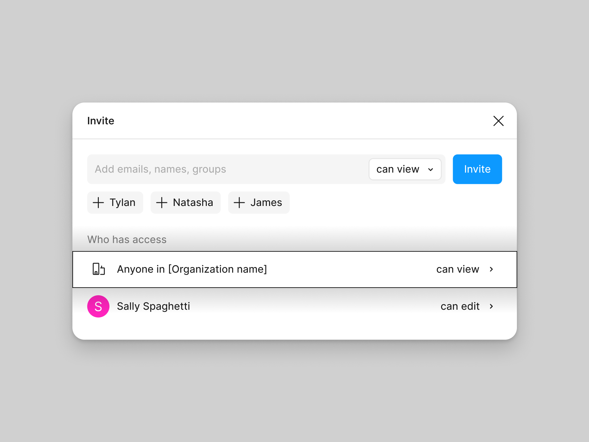 Team invite modal for Org and Enterprise plans. The first row beneath the email invite field is highlighted.