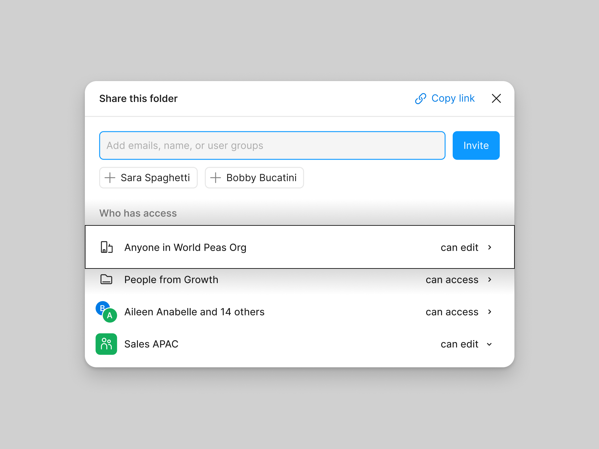 Image of a folder share modal. The first row below the invite field (which says that anyone in the example organization can edit) is highlighted.