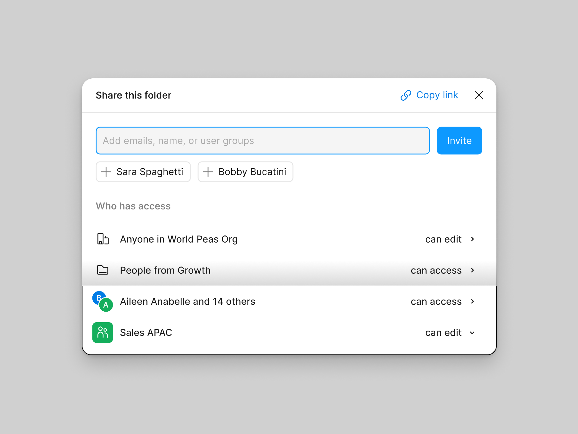 Image of a folder share modal. The third and fourth rows below the invite field (which list individual users or user groups) are highlighted.