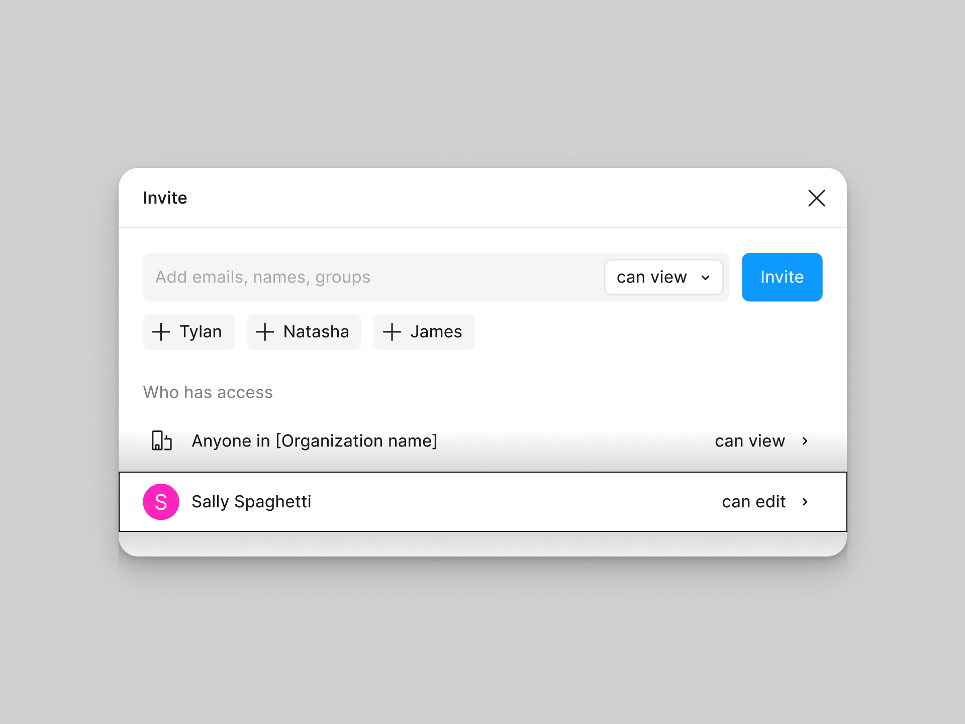 Team invite modal for Org and Enterprise plans. The second row, which lists and individual user, is highlighted