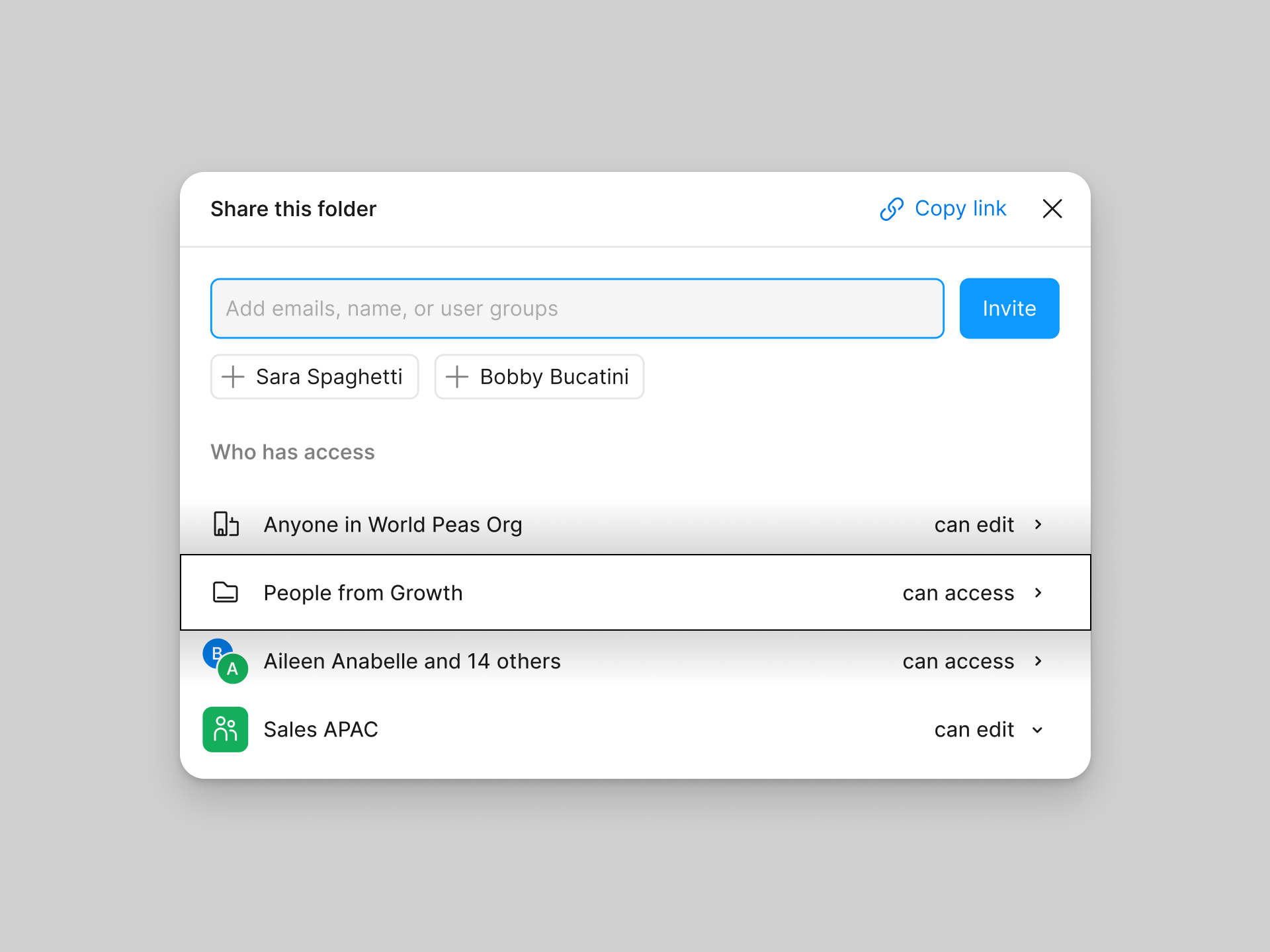 Image of a folder share modal. The second row below the invite field (which says that people in the parent folder can edit) is highlighted.