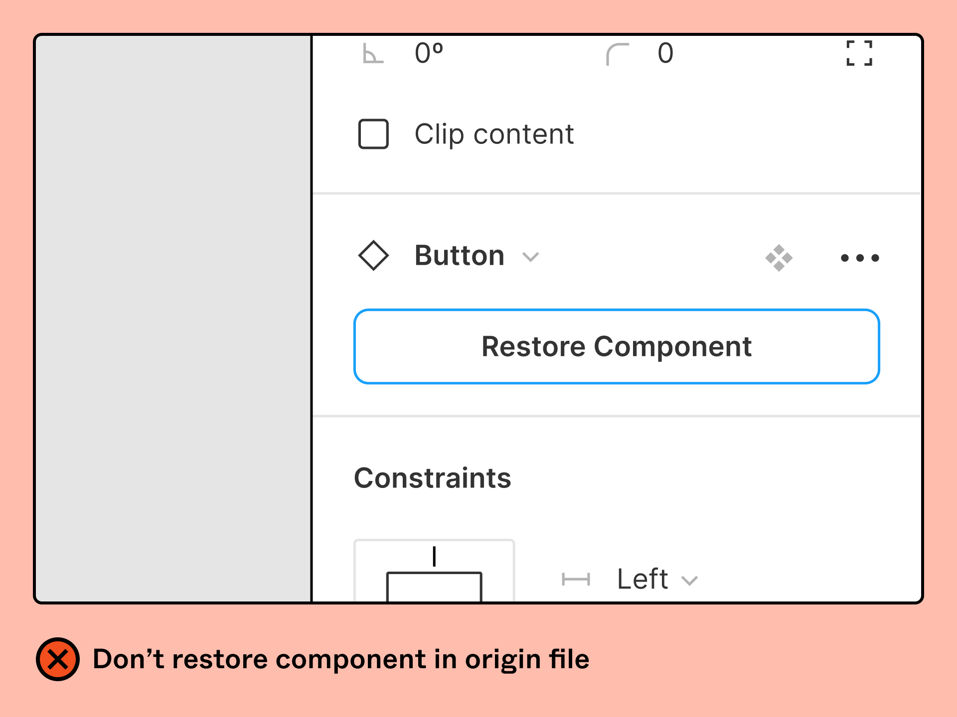The restore component button will appear in the right sidebar but don't click this