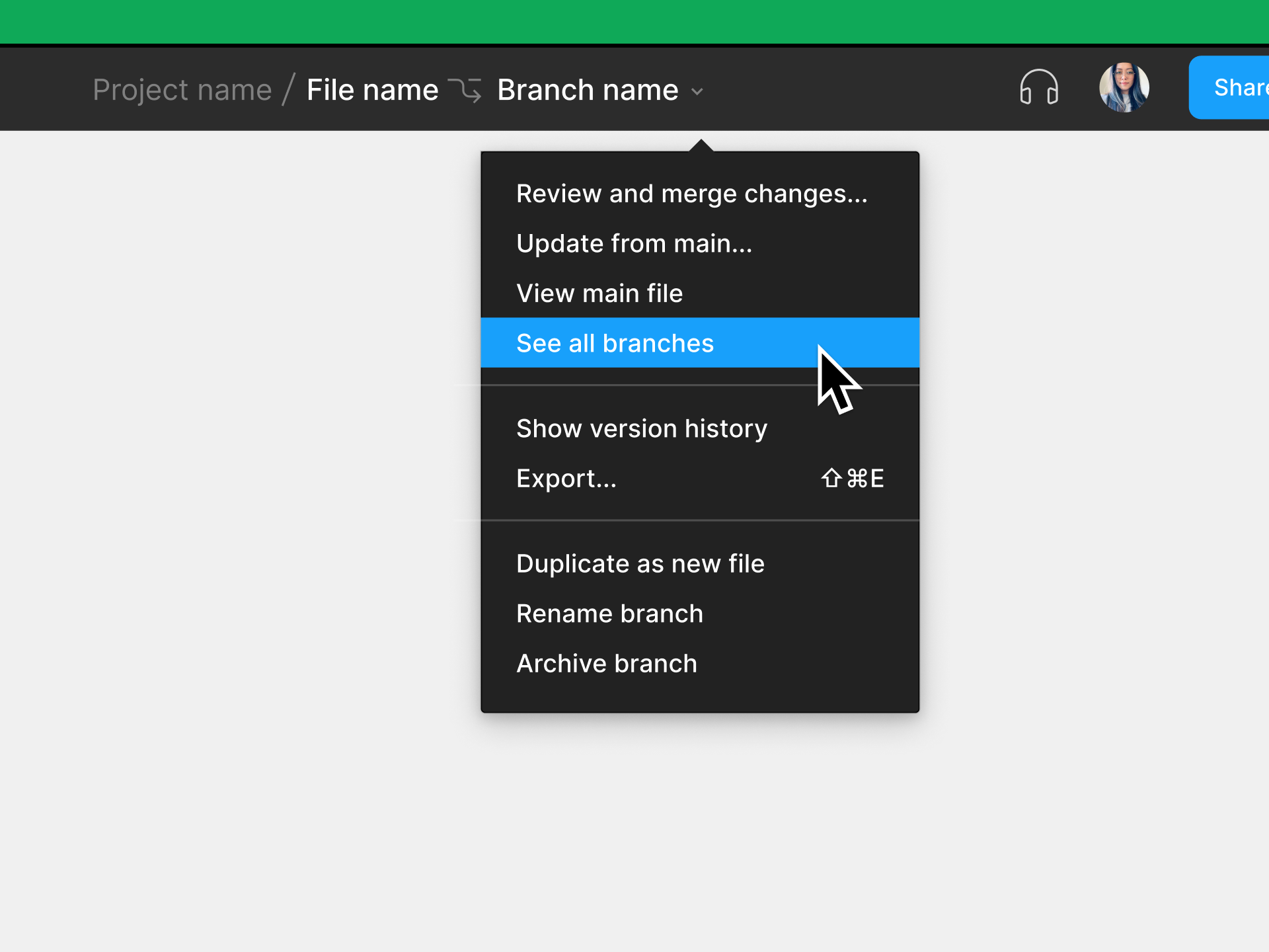 Figma file name menu, cursor hover over see all branches