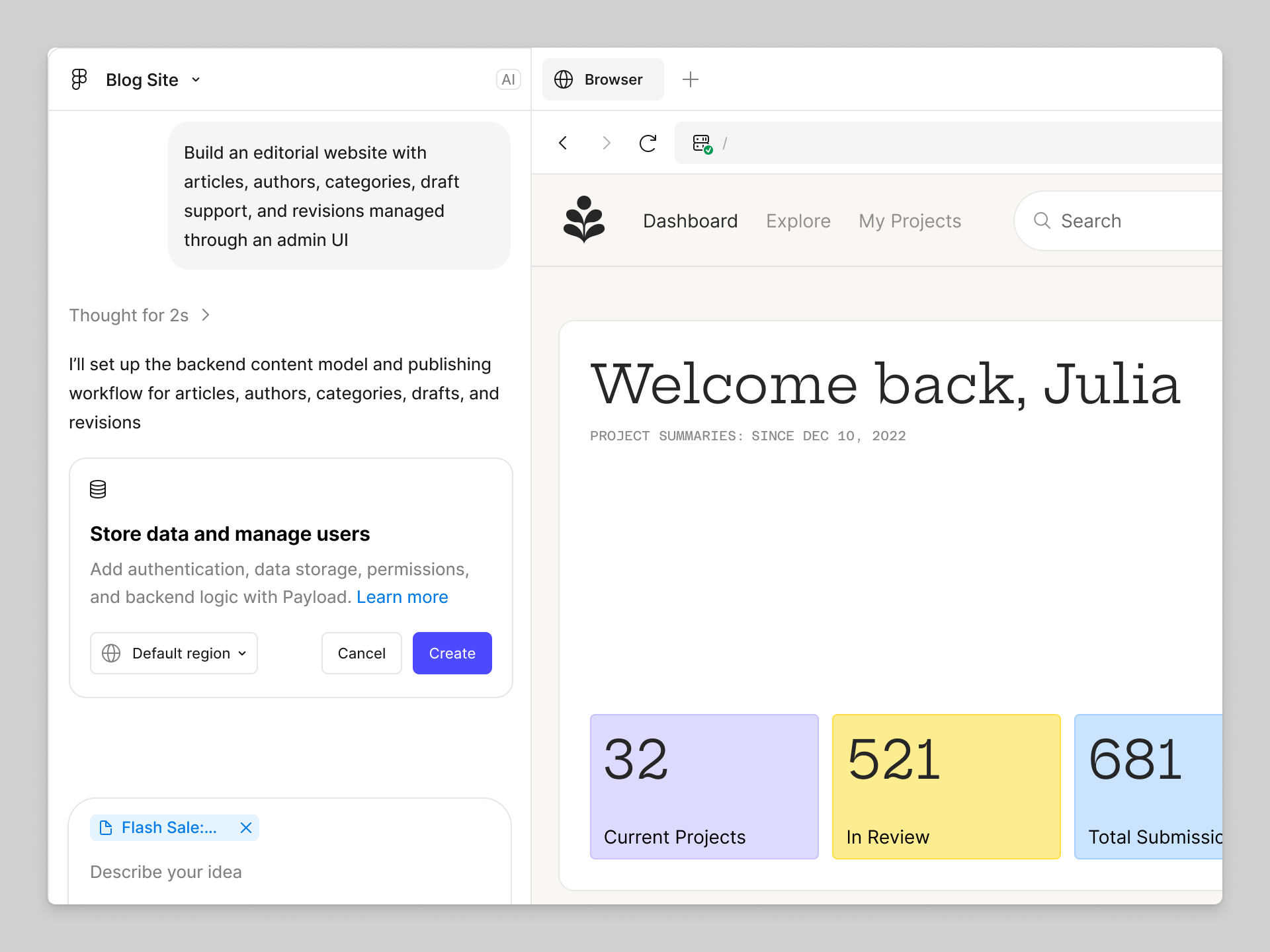Chat in Figma Make promting user to create a backend to store data and manage users.png