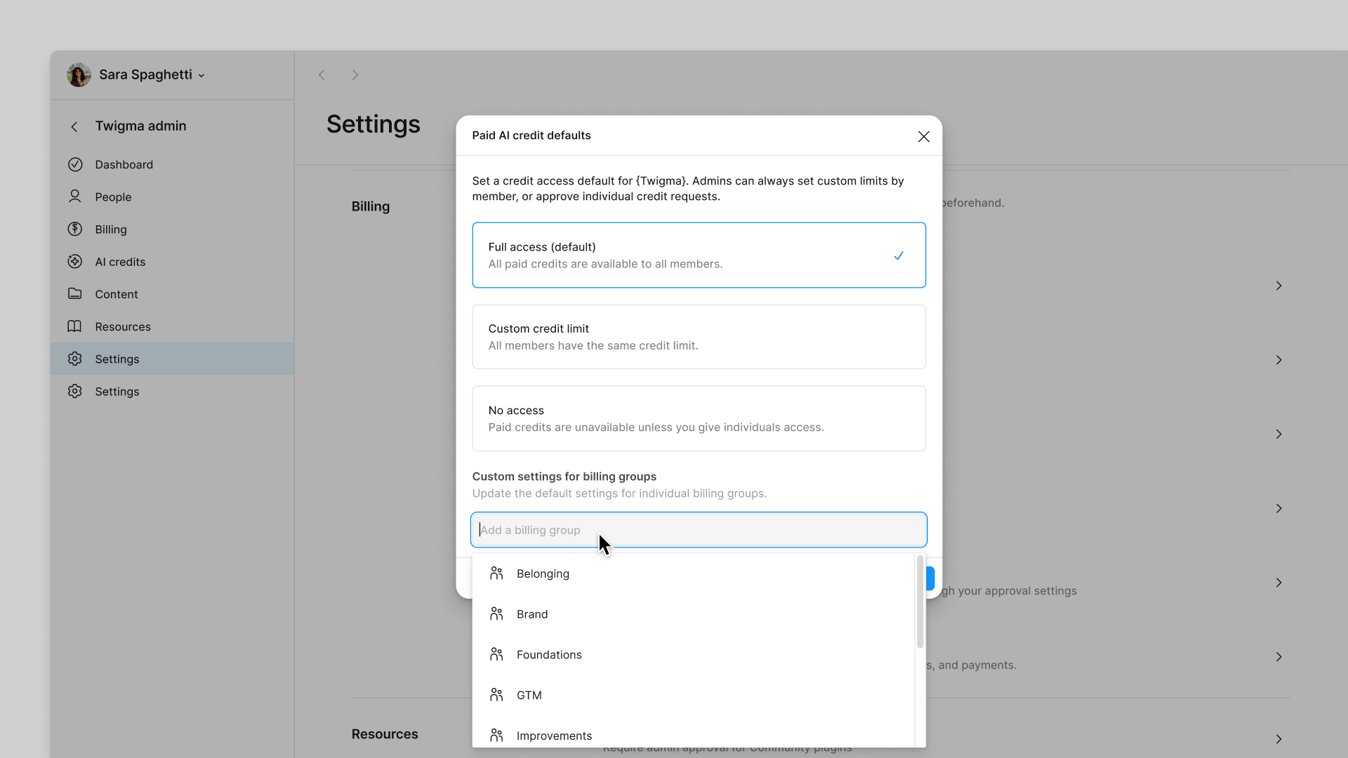From settings, set default custom credit limits for a billing group