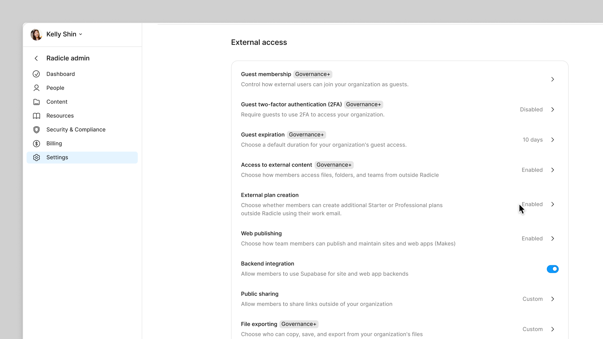 Enable or disable external team creation from Settings _ External access