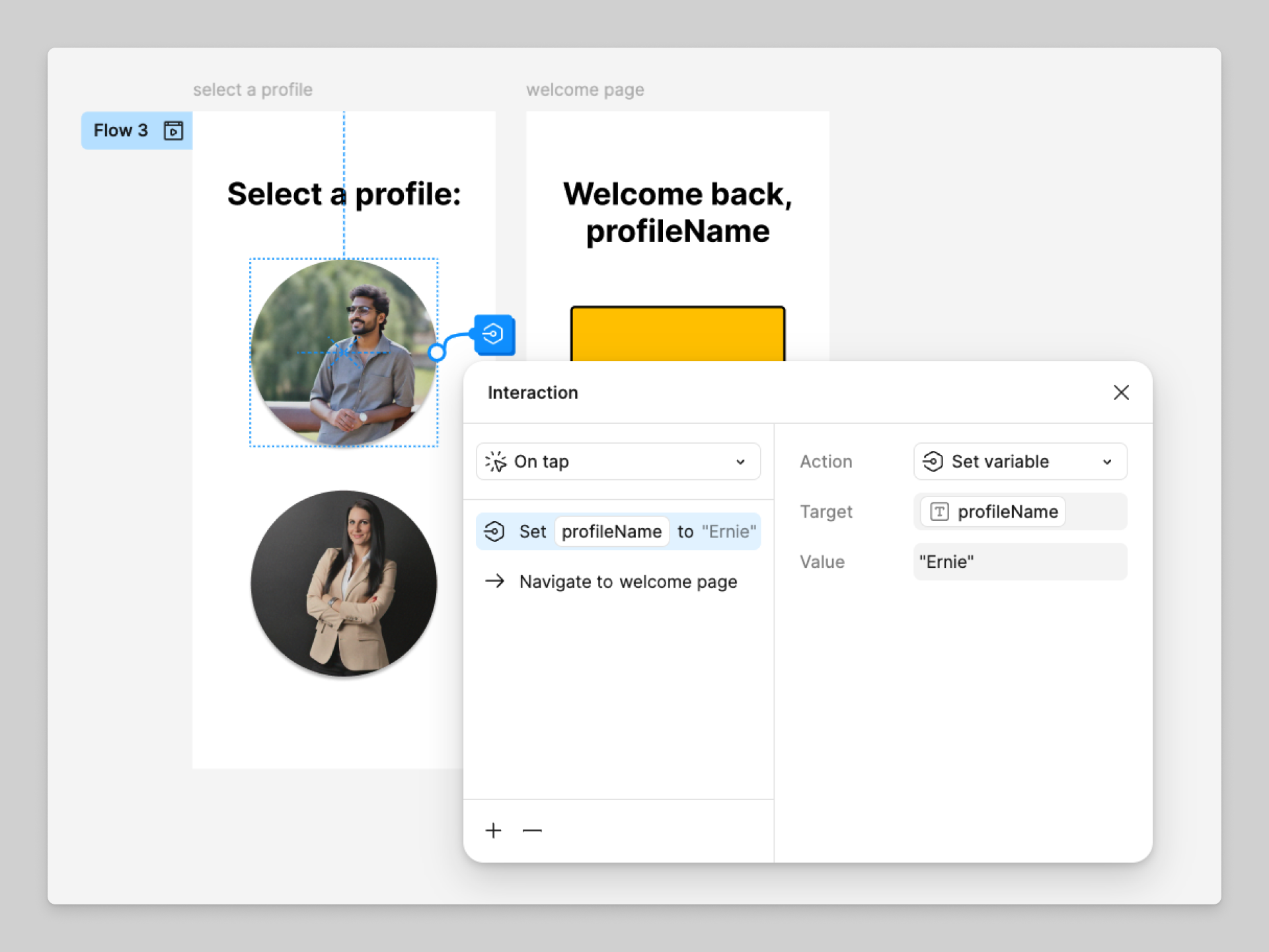 Design comportant deux frames. Une action de prototype est définie sur une image dans la première frame. Lorsque l'image fait l'objet d'un clic, la variable profileName met à jour sa valeur, et le prototype navigue vers la frame suivante.