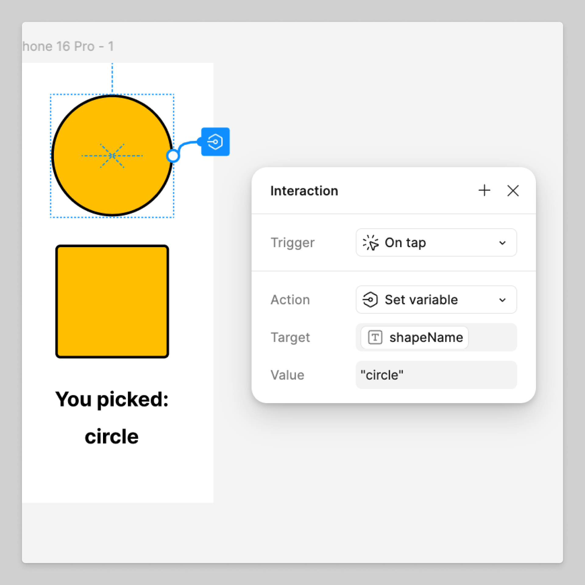 Un objet cercle est sélectionné sur la frame, avec la fenêtre modale Interaction ouverte. Une interaction est définie : le déclencheur est Au toucher, l'action est Définir une variable, la cible est shapeName, et la valeur est cercle.