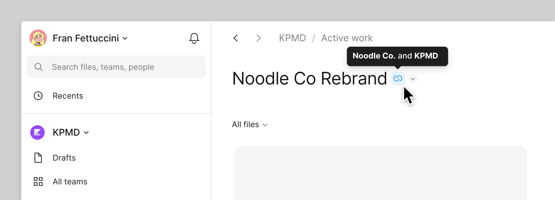 Le navigateur de fichiers affiche le projet « Noodle Co. Rebrand » lié entre Noodle Co. et KPMD, indiquant un projet connecté.