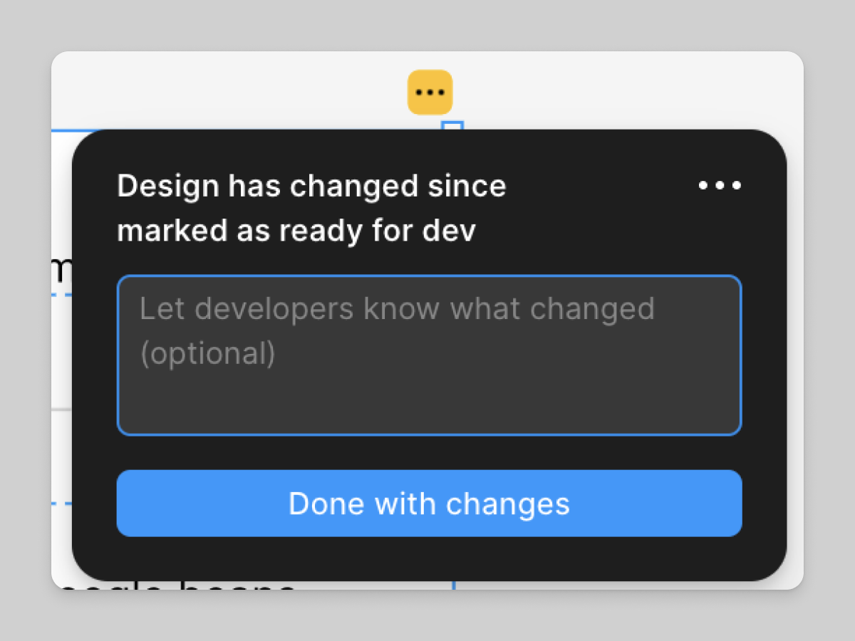 Indicación de cambio de diseño con espacio para las actualizaciones de los desarrolladores y un botón “Completado con cambios”.