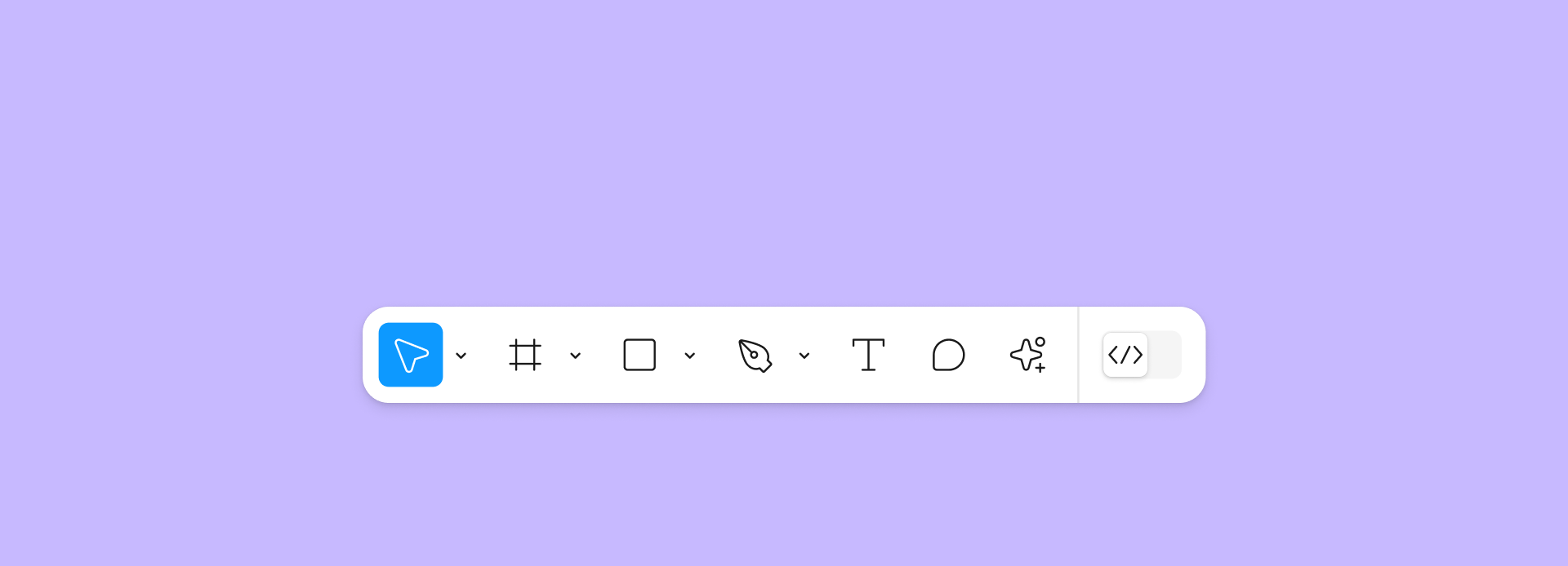 Pasek narzędzi Figma Design z różnymi narzędziami na tle jasnego fioletu.