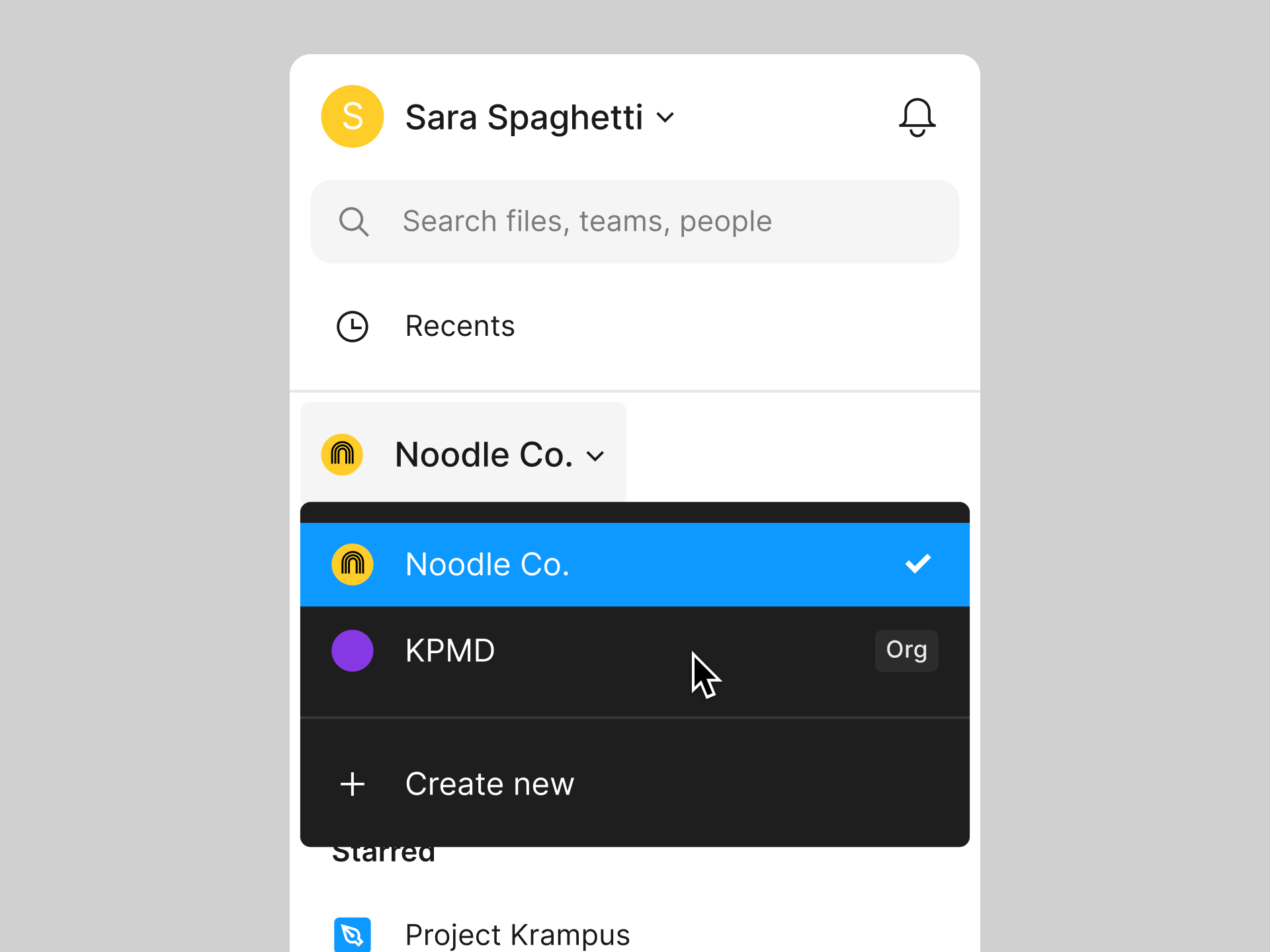 Een keuzemenu om tussen team te wisselen in Figma met "Noodle Co." geselecteerd en "KPMD" als andere optie.